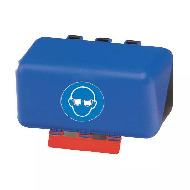 Aufrechter SecuBox® Aufbewahrungsbox für Schutzbrillen aus blauem ABS-Kunststoff mit schwarzen Verschlüssen und einem weißen Sicherheitskopfsymbol vorne.