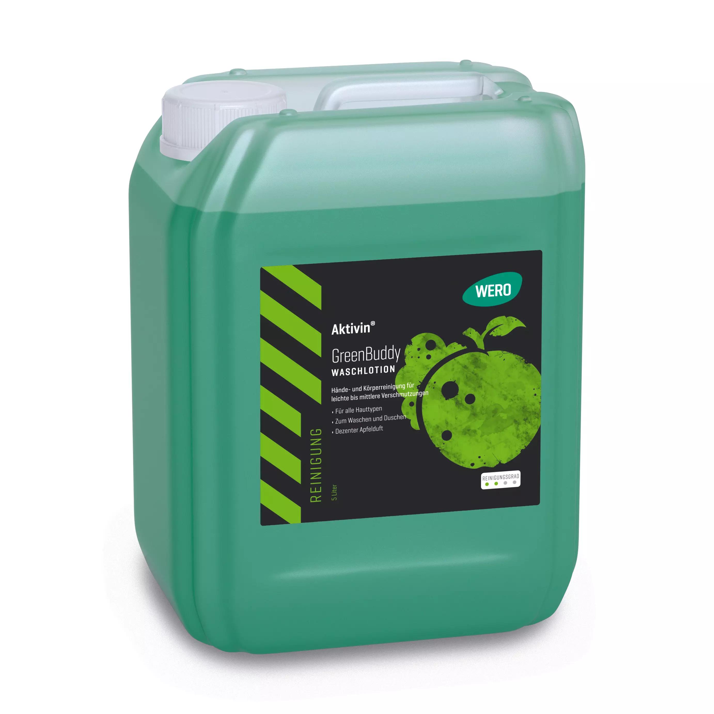 Ein grüner 5-Liter-Kanister Waschlotion Aktivin® GreenBuddy mit Apfelduft, geeignet zur Reinigung leichter bis mittlerer Verschmutzungen.
