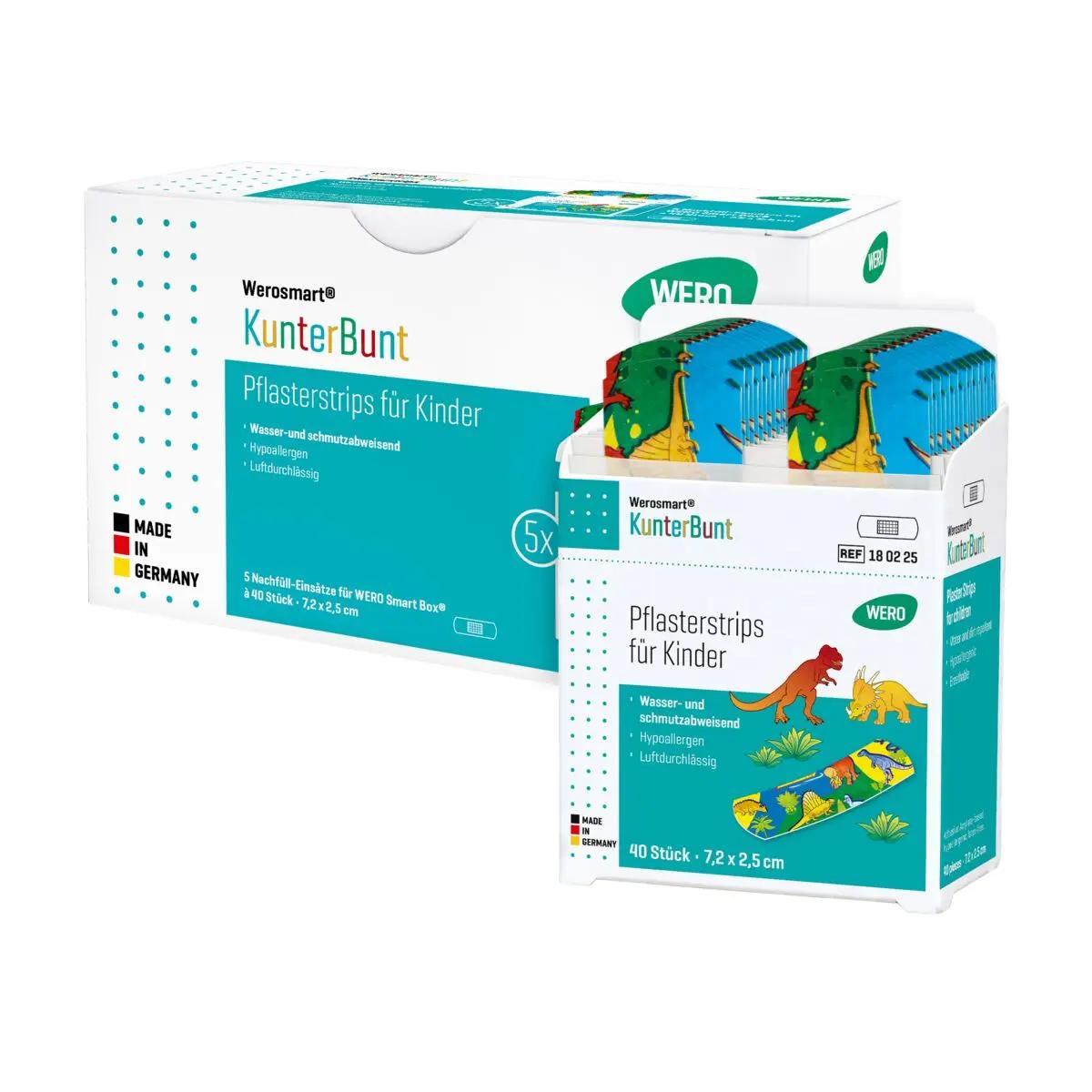 Werosmart® KunterBunt für Kinder Pflasterspender-Einsätze Pflasterstrips Packung mit buntem Dinosauriermotiv und 40 Stück Größe 70 cm.