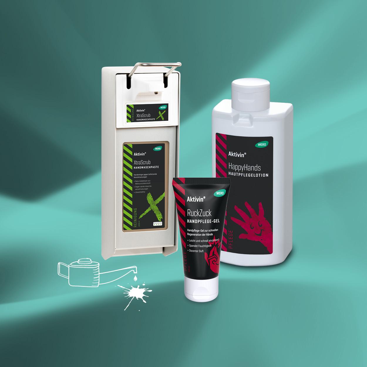 Drei Activin Handhygieneprodukte: silbernes Aktivpad, schwarze RuckZuck Handgel-Tube und weiße HappyHands Handgel-Flasche mit pinkem Handmotiv.