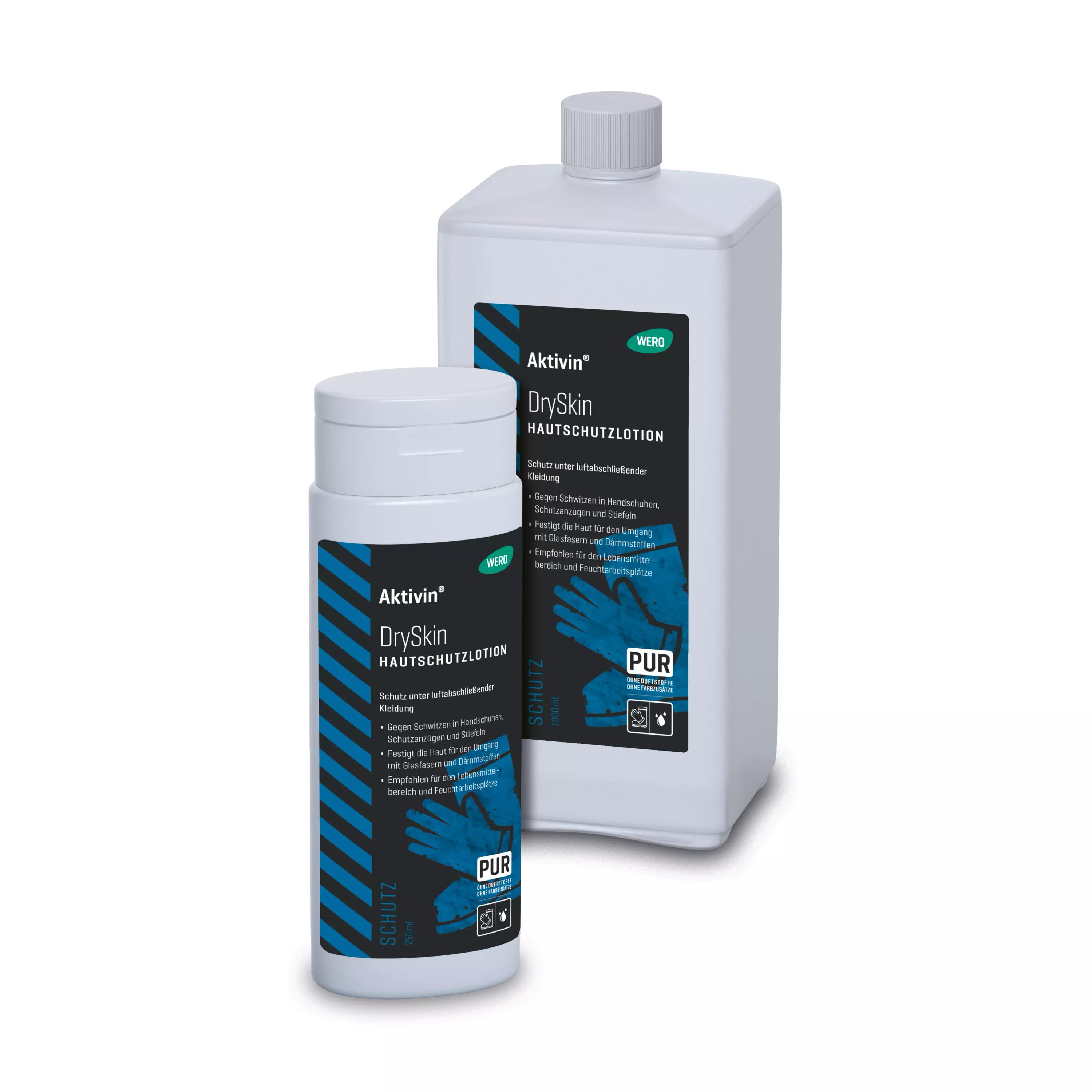 Zwei unterschiedlich große Flaschen Hautschutzlotion Aktivin® DrySkin mit schwarzem Etikett, blau-weißen Streifen und PUR Logo stehen nebeneinander.