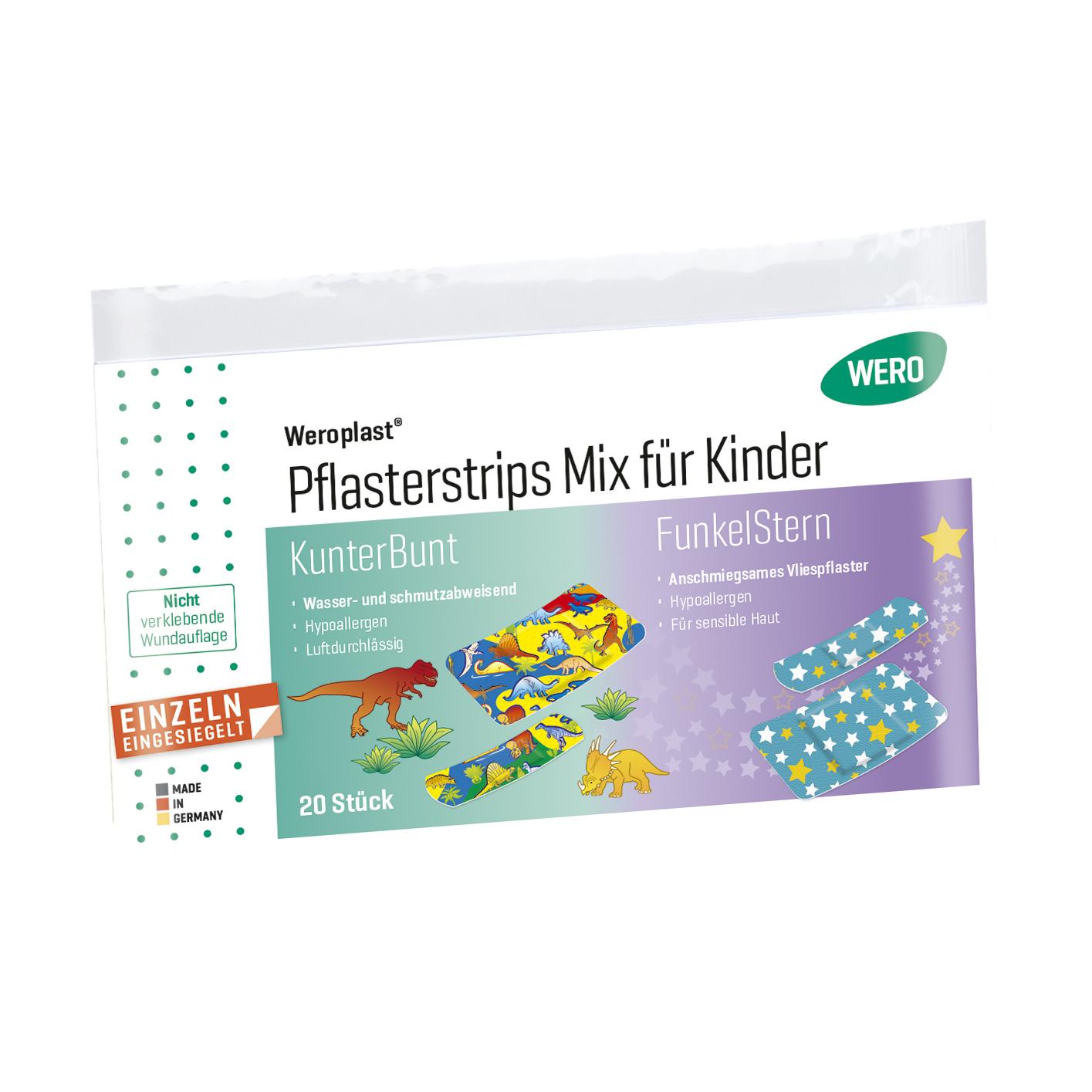Eine bunt gestaltete Verpackung Weroplast® Pflasterstrips Mix für Kinder mit 20 wasser- und schmutzabweisenden, hypoallergenen Pflastern mit Dino-Motiven.