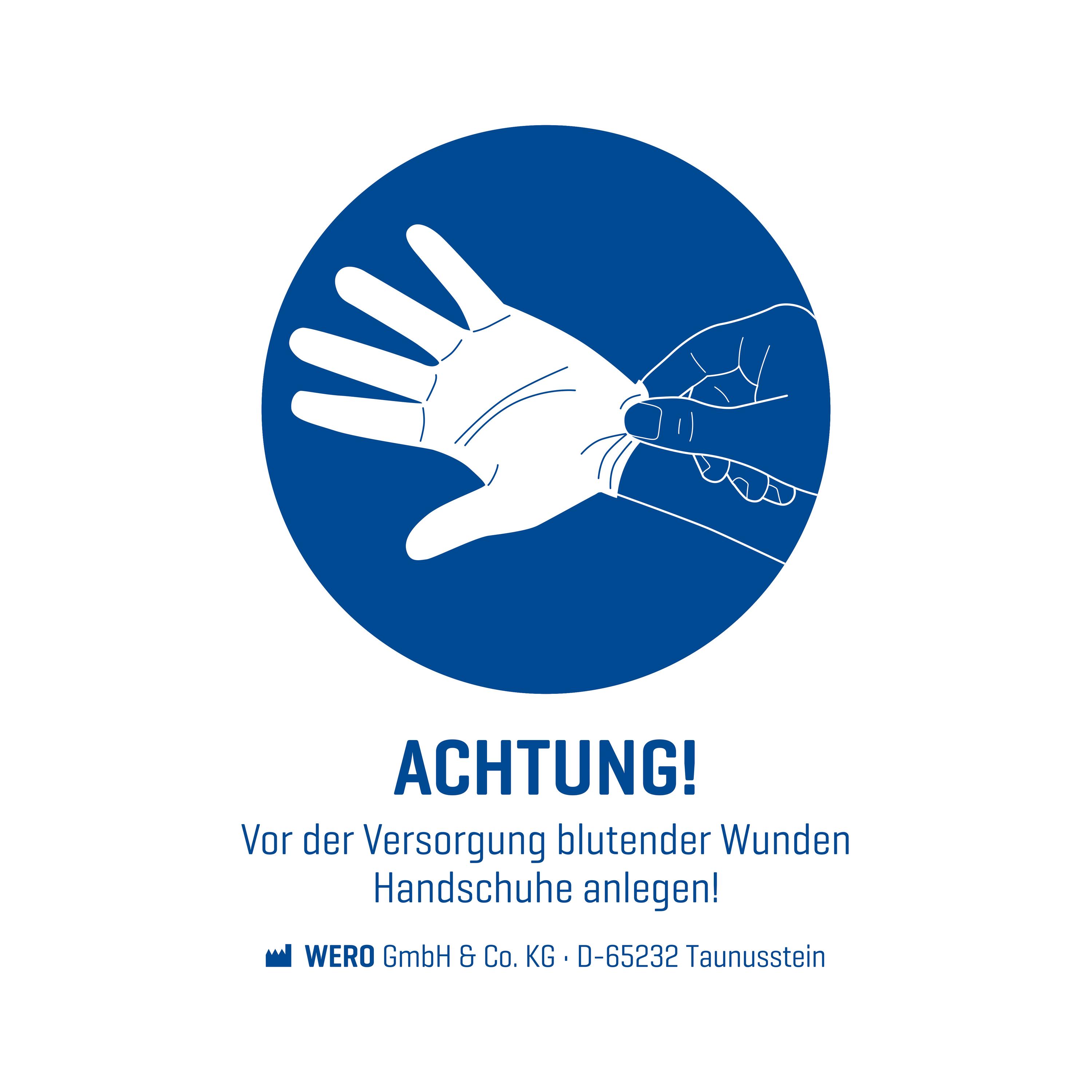 Ein runder Gebotszeichen-Aufkleber „Handschuhe anlegen“ mit weißem Handsymbol auf blauem Grund, gestaltet für Verbandschränke und Verbandkästen.