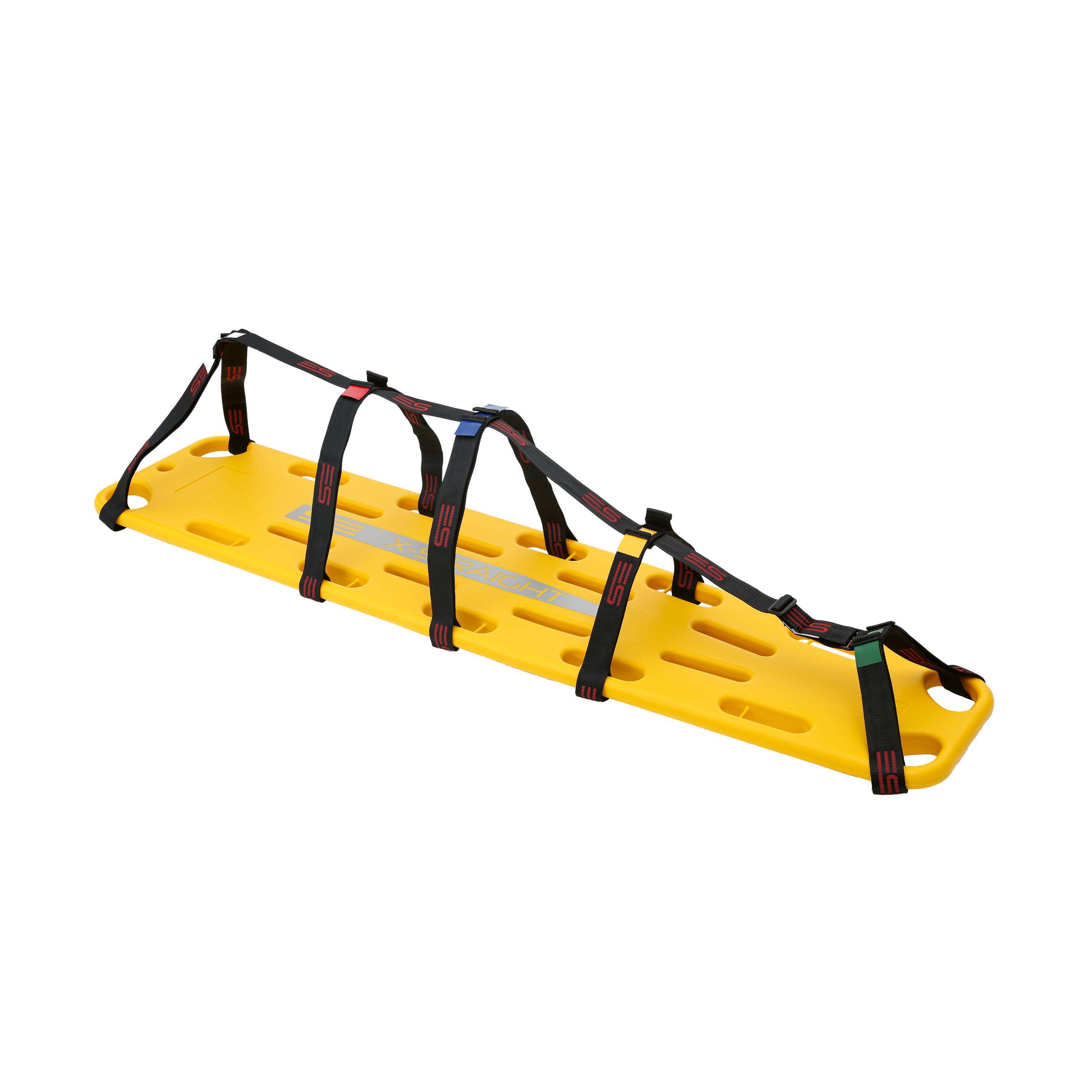 Gurtspinne für Spineboard aus gelbem Kunststoff mit sechs schwarzen, farblich markierten Gurten zur vollständigen Patientenimmobilisation.