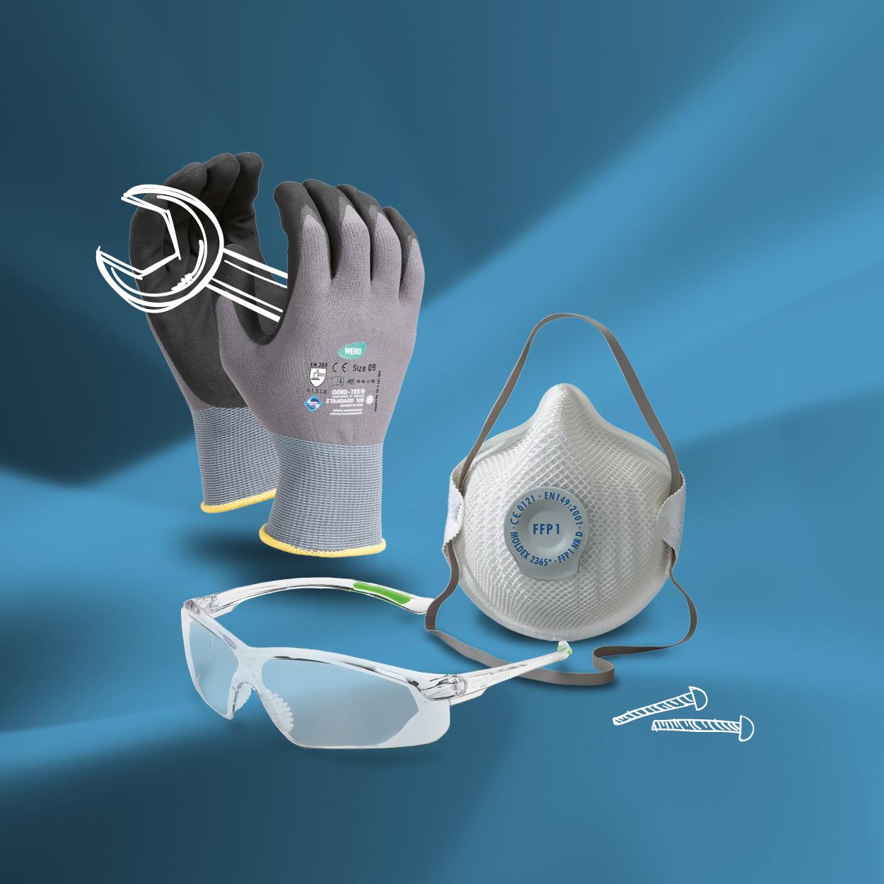 Schutzhandschuhe, FFP1-Atemschutzmaske, Schutzbrille, zwei Schrauben und ein kleiner weißer Schraubenschlüssel als Sicherheitsausrüstung angeordnet.