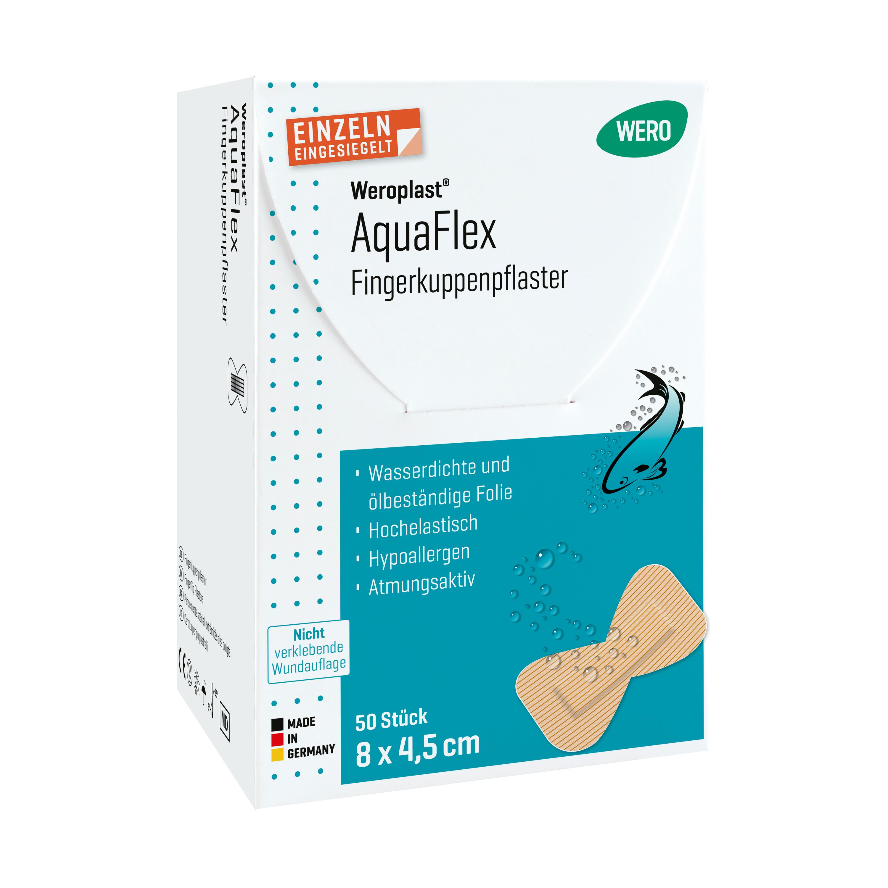 Eine Hand klebt ein Fingerkuppenpflaster Weroplast® AquaFlex mit beigefarbener, wasserdichter, superelastischer Folie auf eine Schnittwunde.