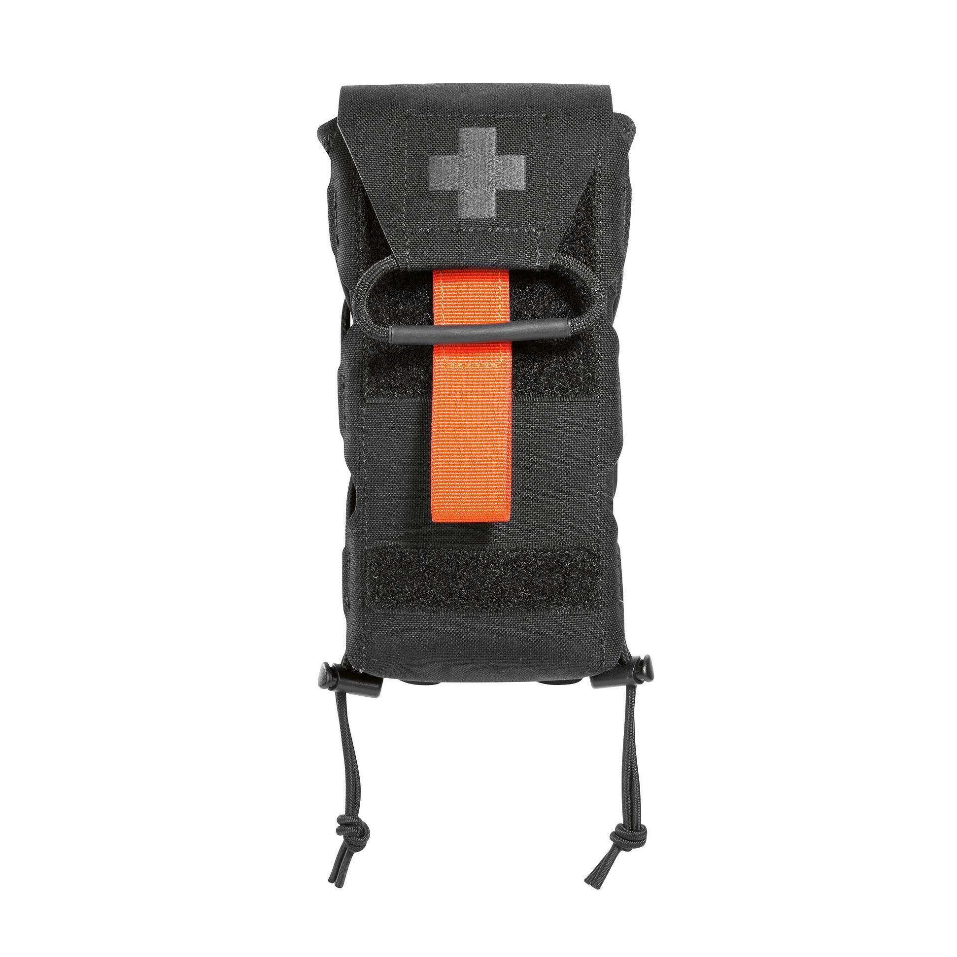 Schwarz rechteckige TT IFAK Pouch Vertical mit silbernem Kreuz, orangefarbener Trageschlaufe, Klettverschlüssen und robustem, wasserabweisendem Material.