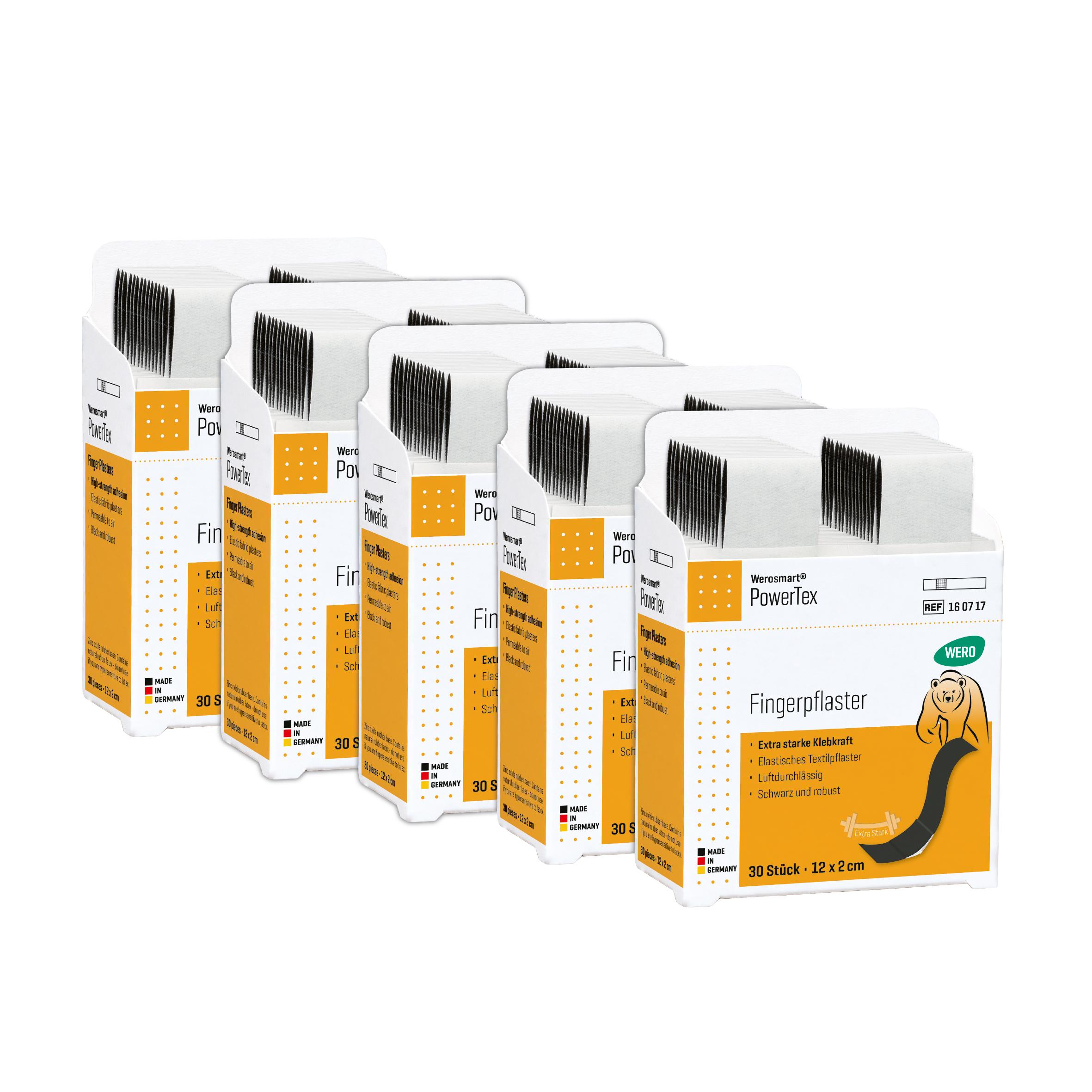 Fünf identische Werosmart® PowerTex Pflasterspender-Einsätze Fingerpflaster-Boxen à 30 Stück stehen nebeneinander, jeweils mit orange-weißer Farbgestaltung und Bärenmotiv.