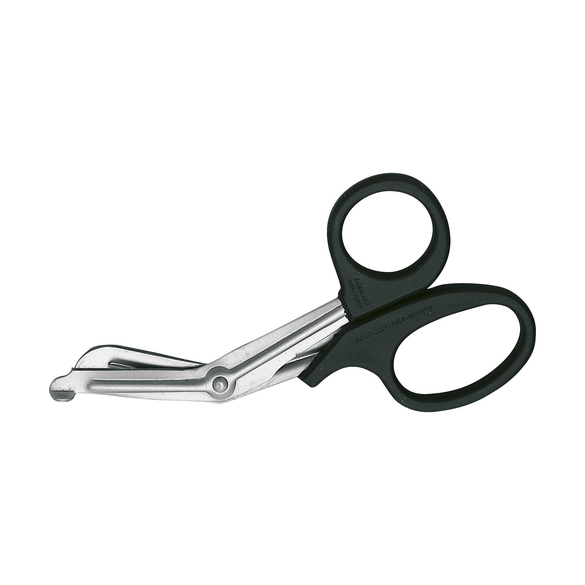 Universalschere DIN 58279 - 19 cm mit geöffneten silbernen Klingen und schwarzen Kunststoffgriffen, seitlich fotografiert.