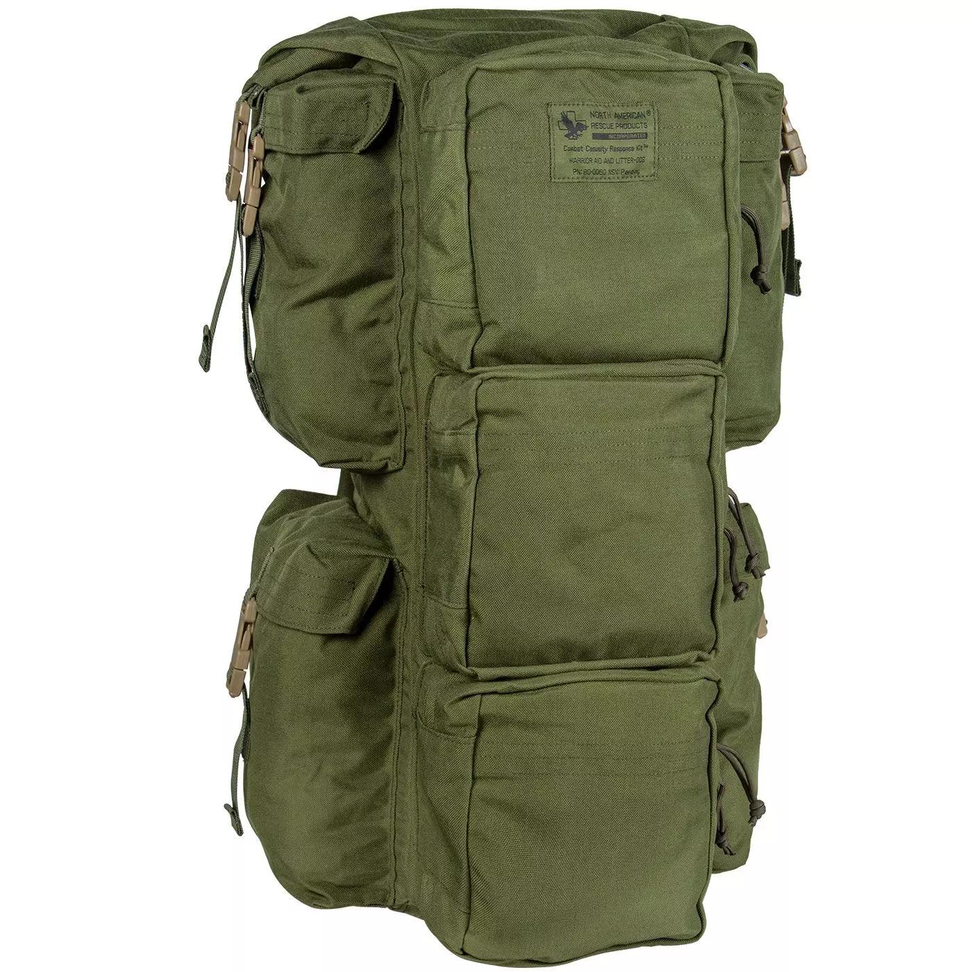 Grüner NAR Rettungsrucksack Walk® für 90C Talon® Litter mit mehreren Fächern, stromlinienförmigem Taschensystem und seitlich komplett zu öffnendem Hauptfach.