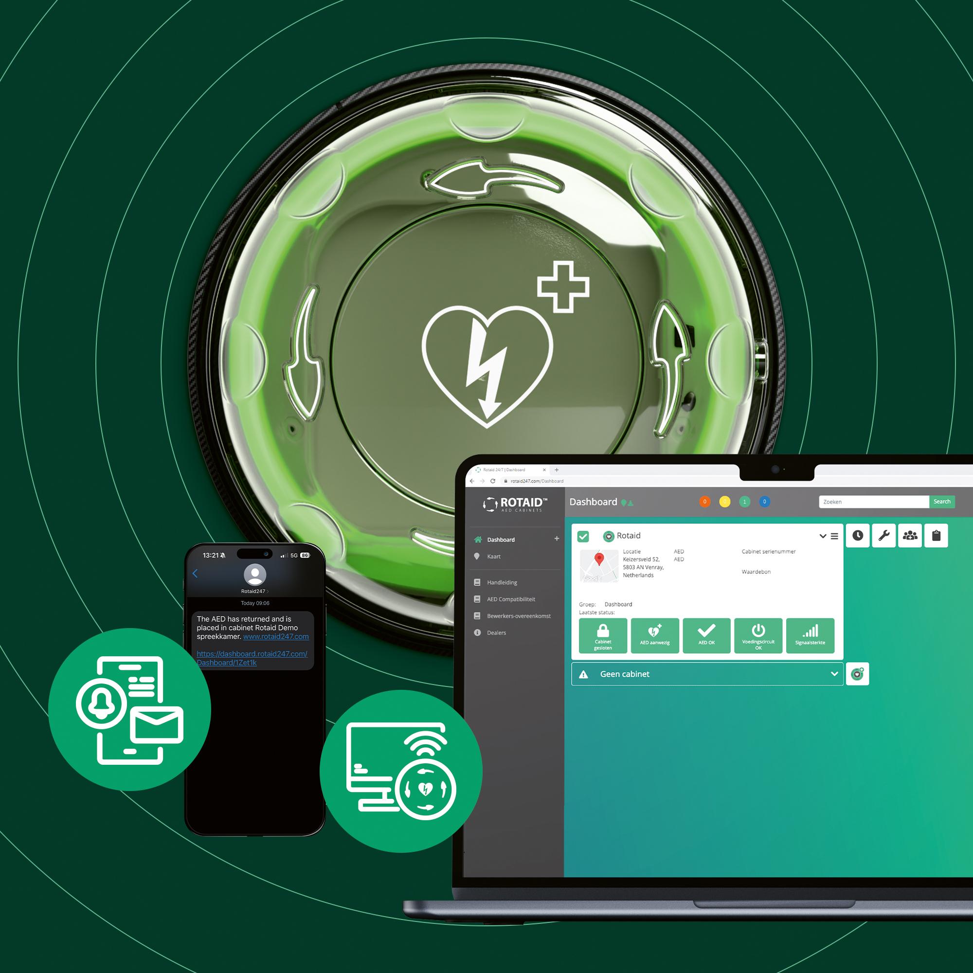 Ein runder Wandkasten Rotaid 24/7 mit weißem Blitz- und Kreuzsymbol, stoßfester IP56-Konstruktion und integriertem Heizsystem für AEDs.
