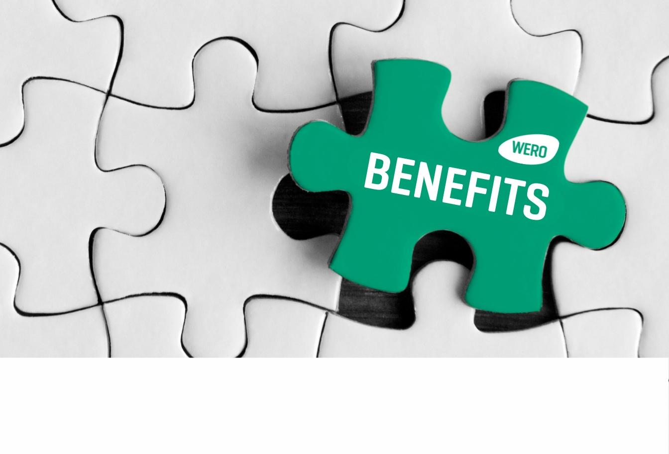 Grünes Puzzlestück mit dem Wort "BENEFITS" in weißen Buchstaben auf einem weißen Puzzle, leicht geneigt.
