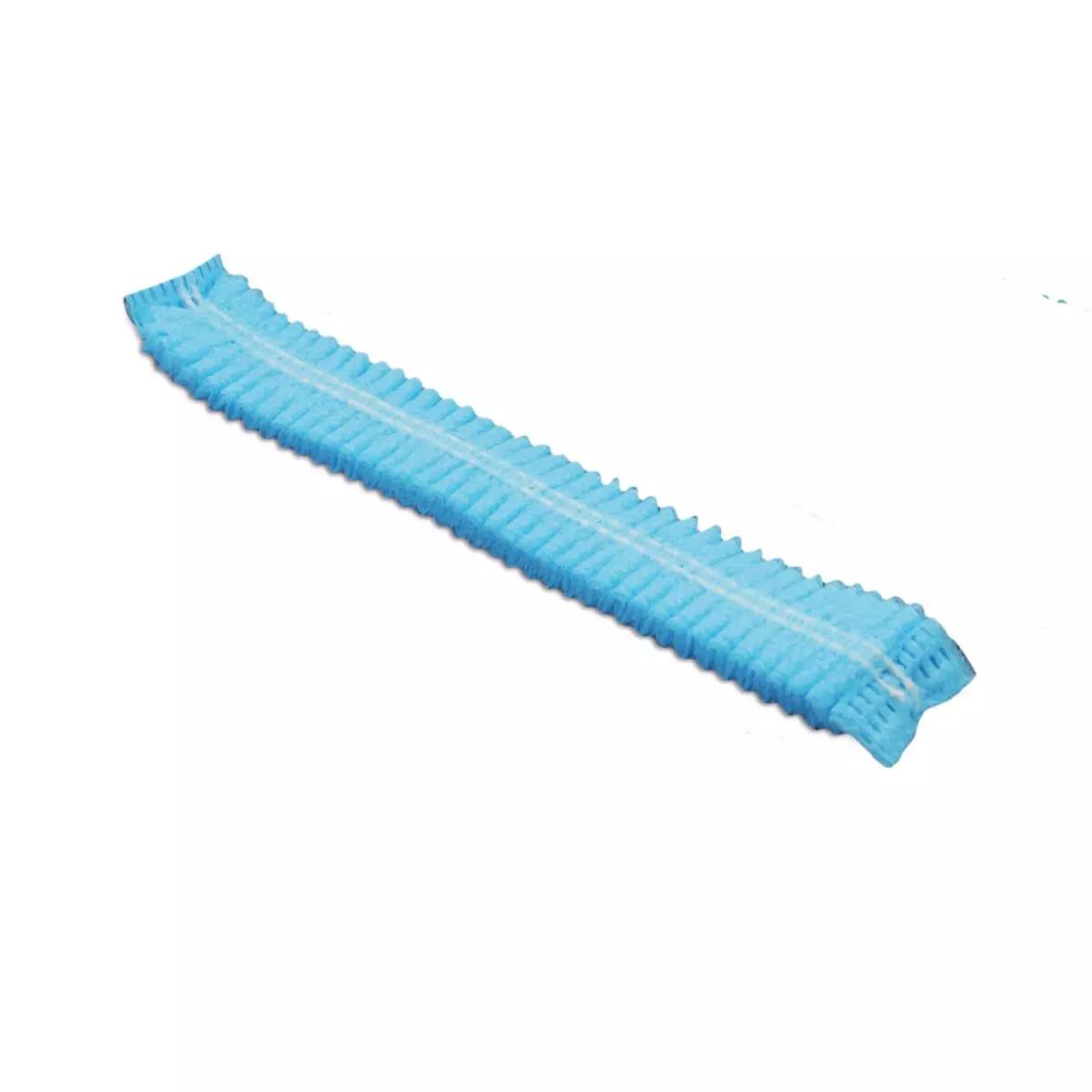 Zentral platzierte Einweghaube, 100 Stk - Blau, nicht detektierbar mit atmungsaktiver Oberfläche, locker gefaltet und unbenutzt.