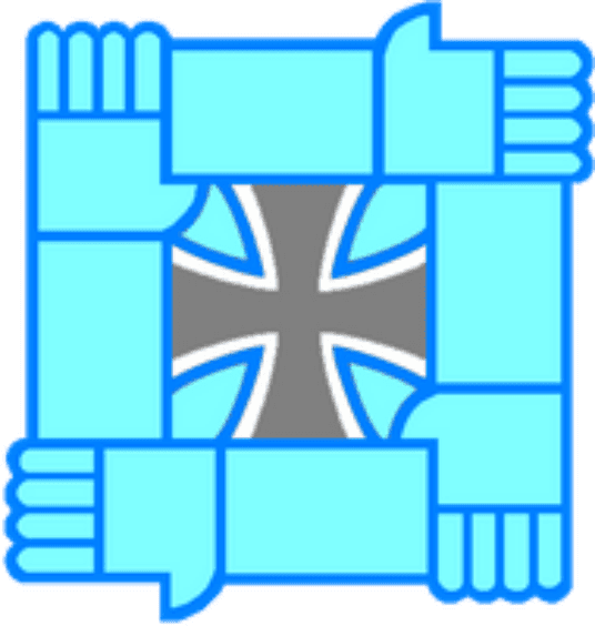 Das Bundeswehr Kreuz umrandet von blauen Armen im Icon-Stil, die ineinandergreifen