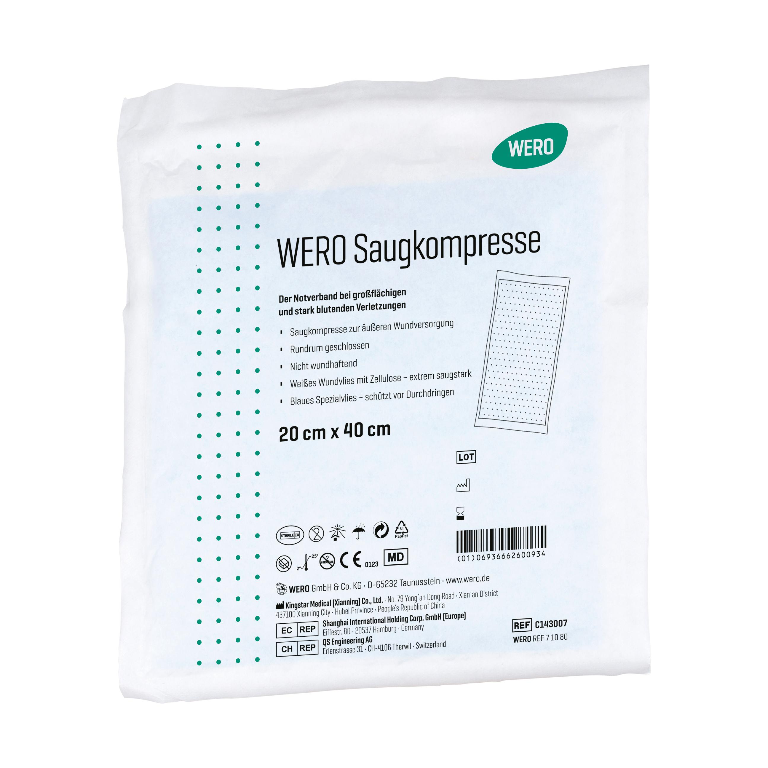 Steril verpackte WERO Saugkompresse, extrem saugfähig, in weißem Beutel mit grüner Aufschrift und Produktinformationen.