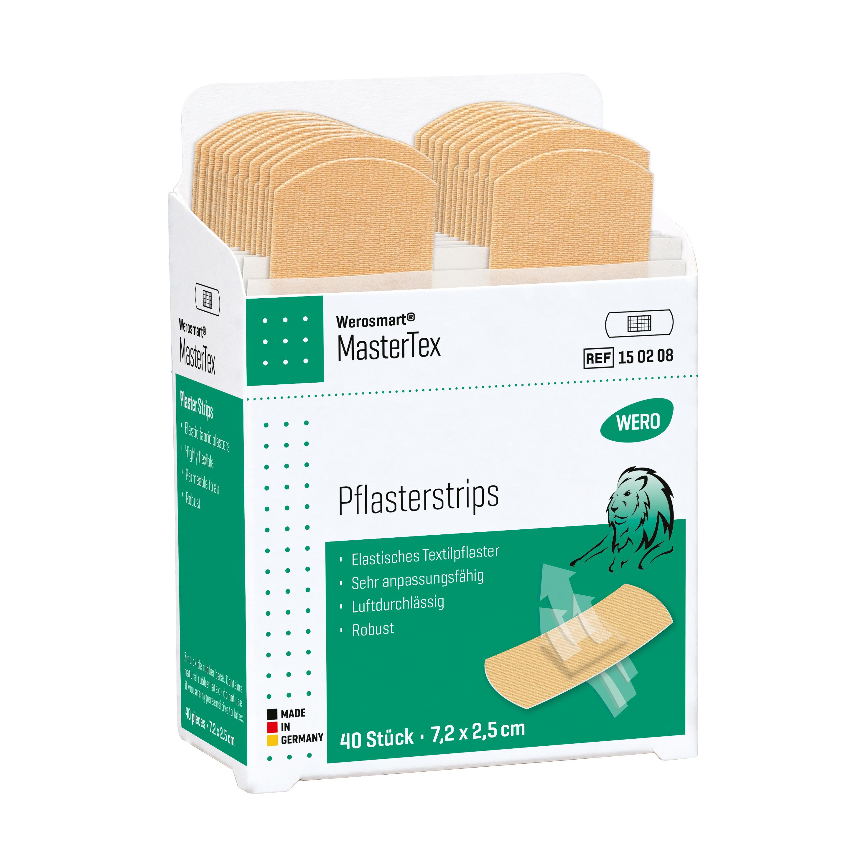Weiße Box mit grünem Etikett Werosmart® MasterTex Pflasterspender-Einsätze Pflasterstrips, 7,2 cm, mit Cartoon-Löwe und 40 beigefarbenen Strips.