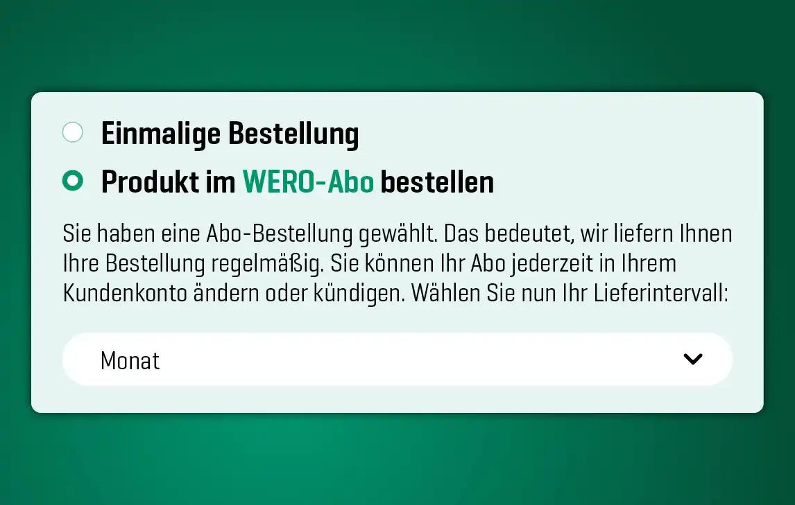 WERO-Abo Logo mit deutschsprachigem Werbeslogan, weißer Text im Kasten, Dropdown-Menü für die Monatsauswahl, Bestätigungsfeld sichtbar