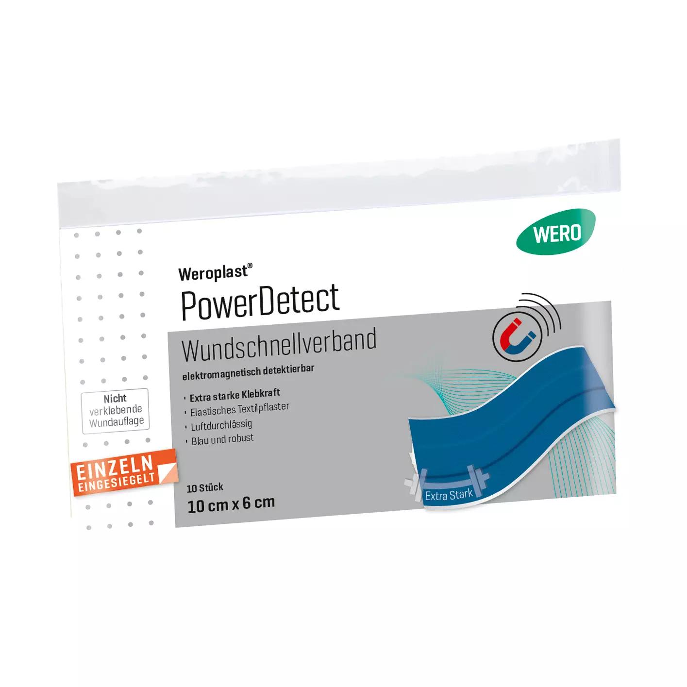 Rechteckige Packung Wundschnellverband Weroplast® PowerDetect, 10 x 6 cm, zeigt blaues, detektierbares Pflaster mit Aluminiumstreifen und verstärkter Klebkraft.