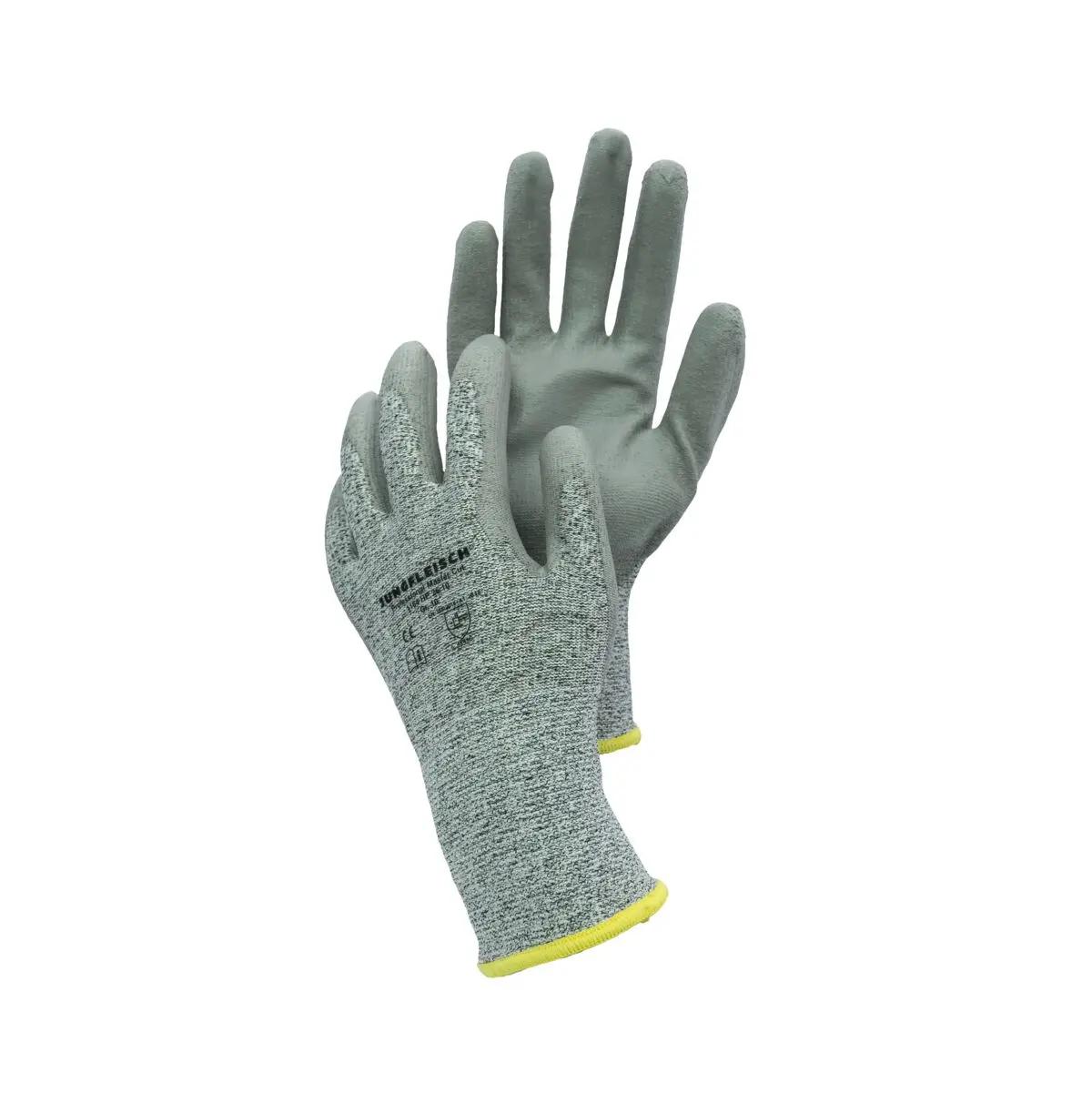 Zwei Schnittschutzhandschuh Master Cut, CUT C mit grauer PU-Beschichtung, Schnittschutzklasse 5 und elastischer Stulpe, einer davon offen gezeigt.