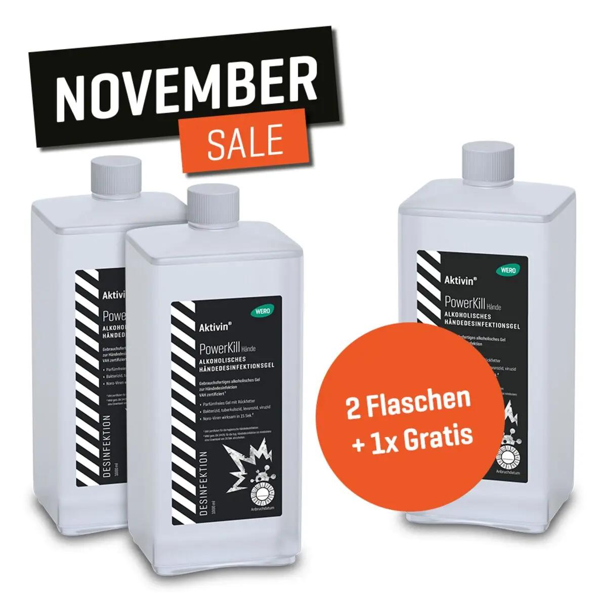 Drei weiße Flaschen WERO PowerKill alkoholisches Handdesinfektionsgel mit schwarzem Etikett und Splash-Grafik.