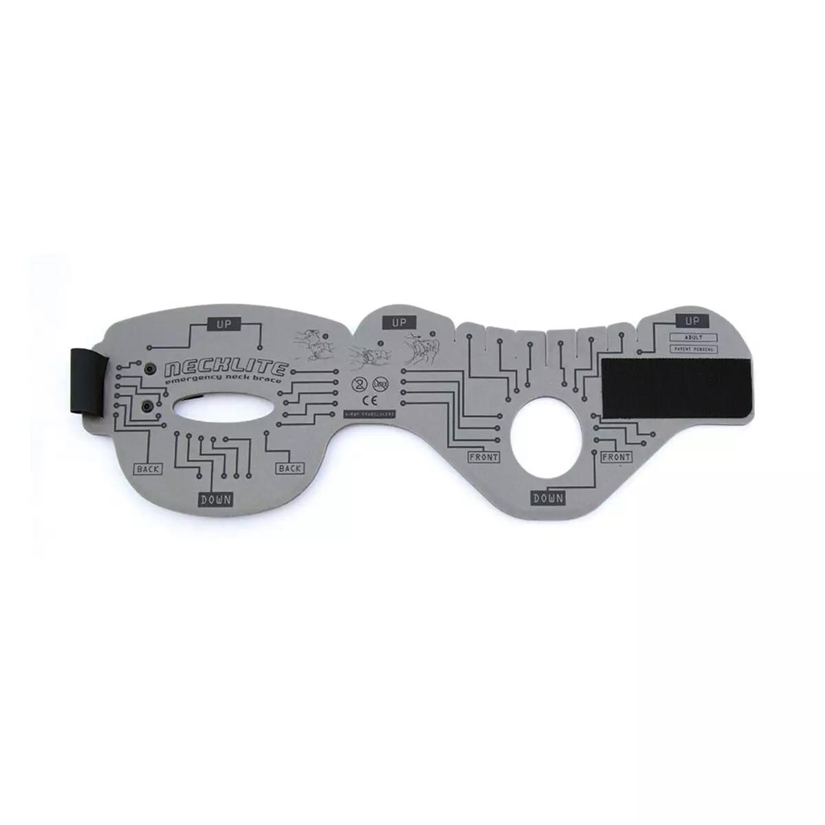 Grau-silberner Immobilisationskragen Necklite™ mit Klettverschluss, flexiblem Aluminiumschaum-Verbund und strukturierter Kinnauflage in offener Position.