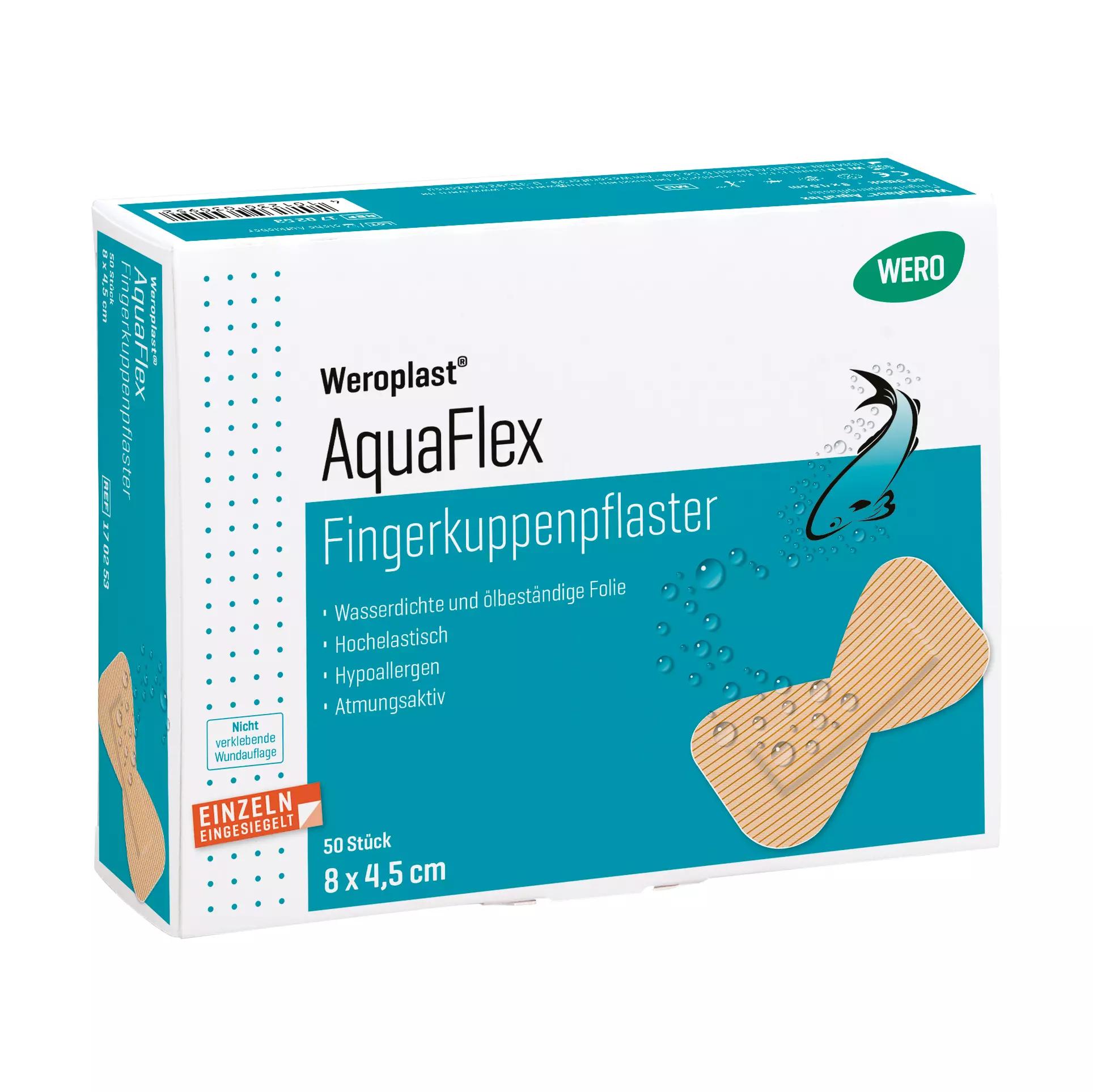 Eine stehende Packung Fingerkuppenpflaster Weroplast® AquaFlex mit Angabe „50 Stück“, illustriert mit Fischmotiv und Symbolen für Wasserdichtigkeit, Hypoallergenität und Kindereignung.