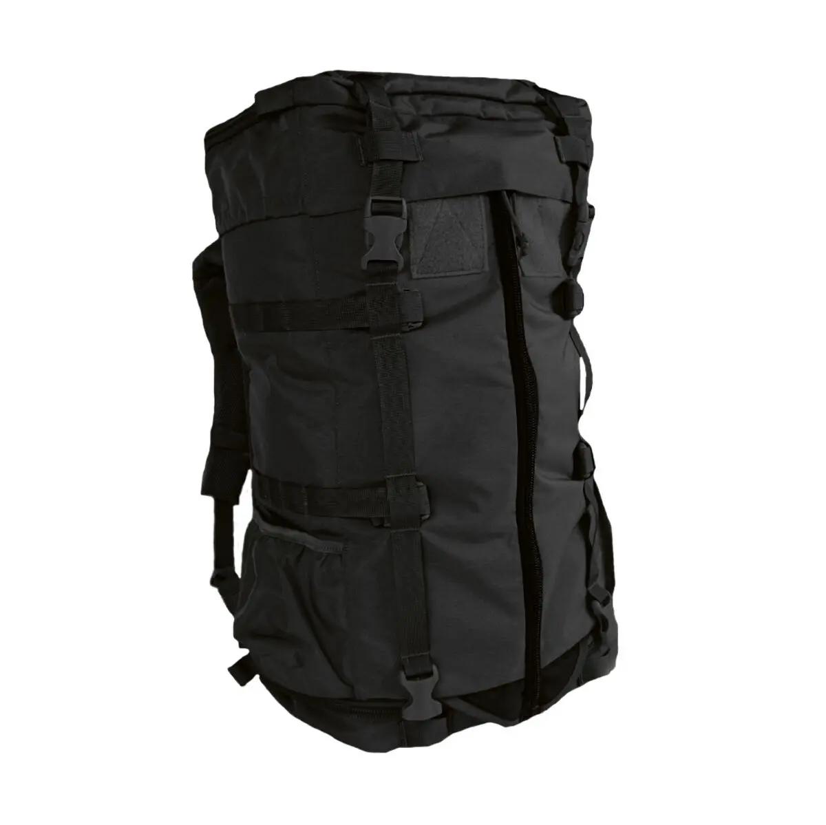 Ein robuster schwarzer Rucksack aus strapazierfähigem Material mit Hauptfach, vorderer Tasche und einem stabilen Griff.