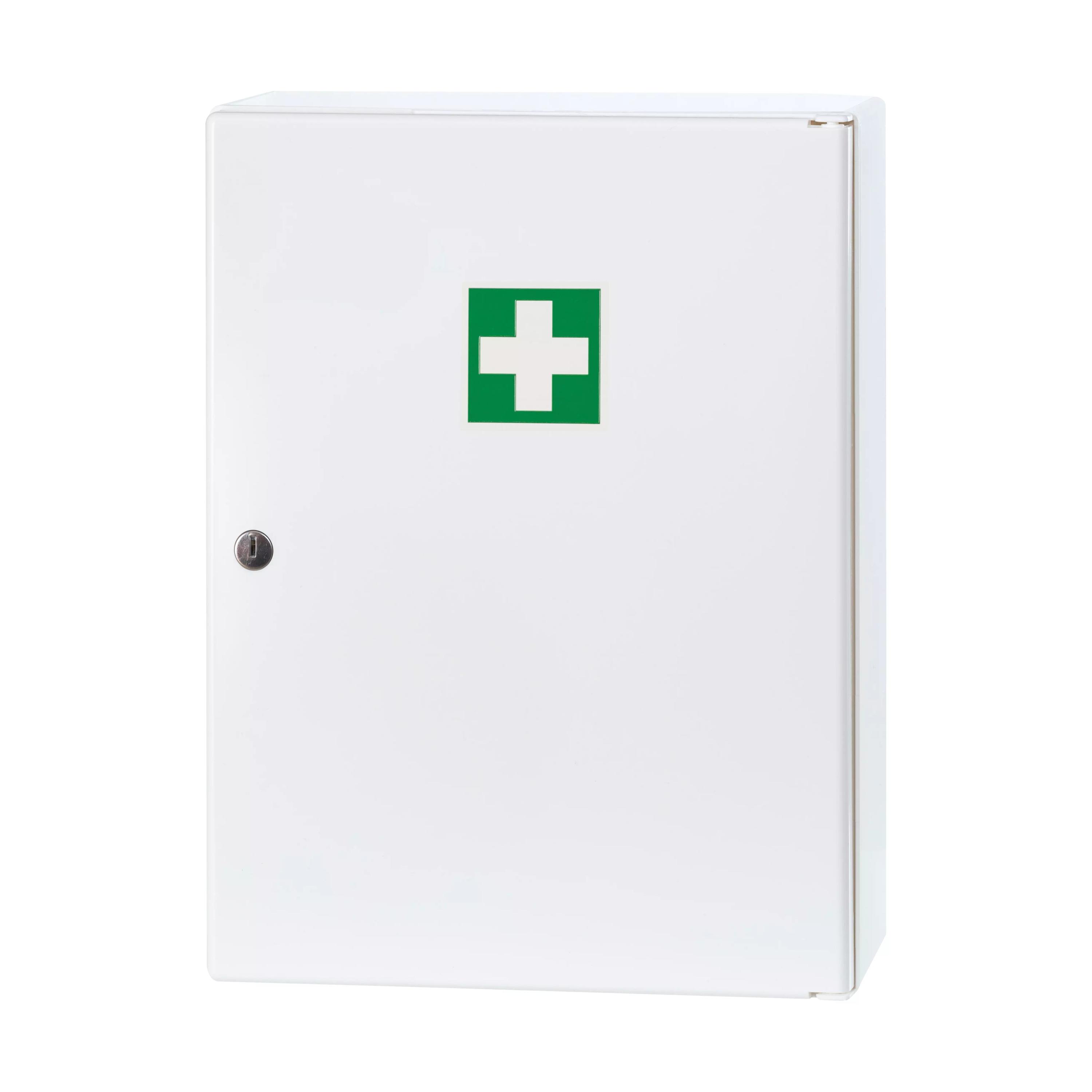 Weißer WERO Verbandschrank M1Trio aus Kunststoff mit grünem Kreuz, silbernem Griff und zwei verstellbaren Zwischenböden.