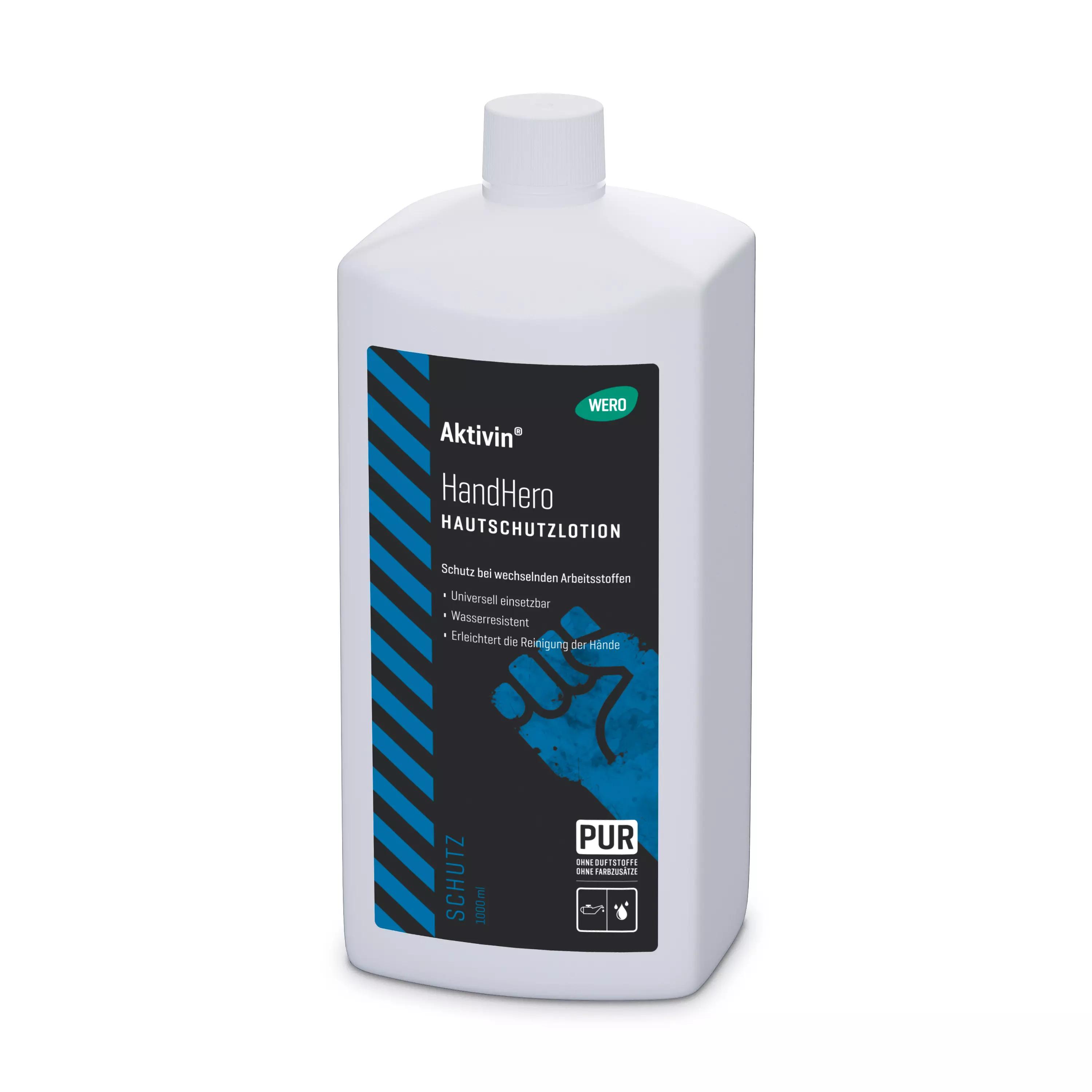 Große weiße Euroflasche Hautschutzlotion Aktivin® HandHero 1.000 ml, mit blauer Faustgrafik und Aufdruck „PUR“ sowie „ONE DAMAGE-FREE SCHUTZ“.