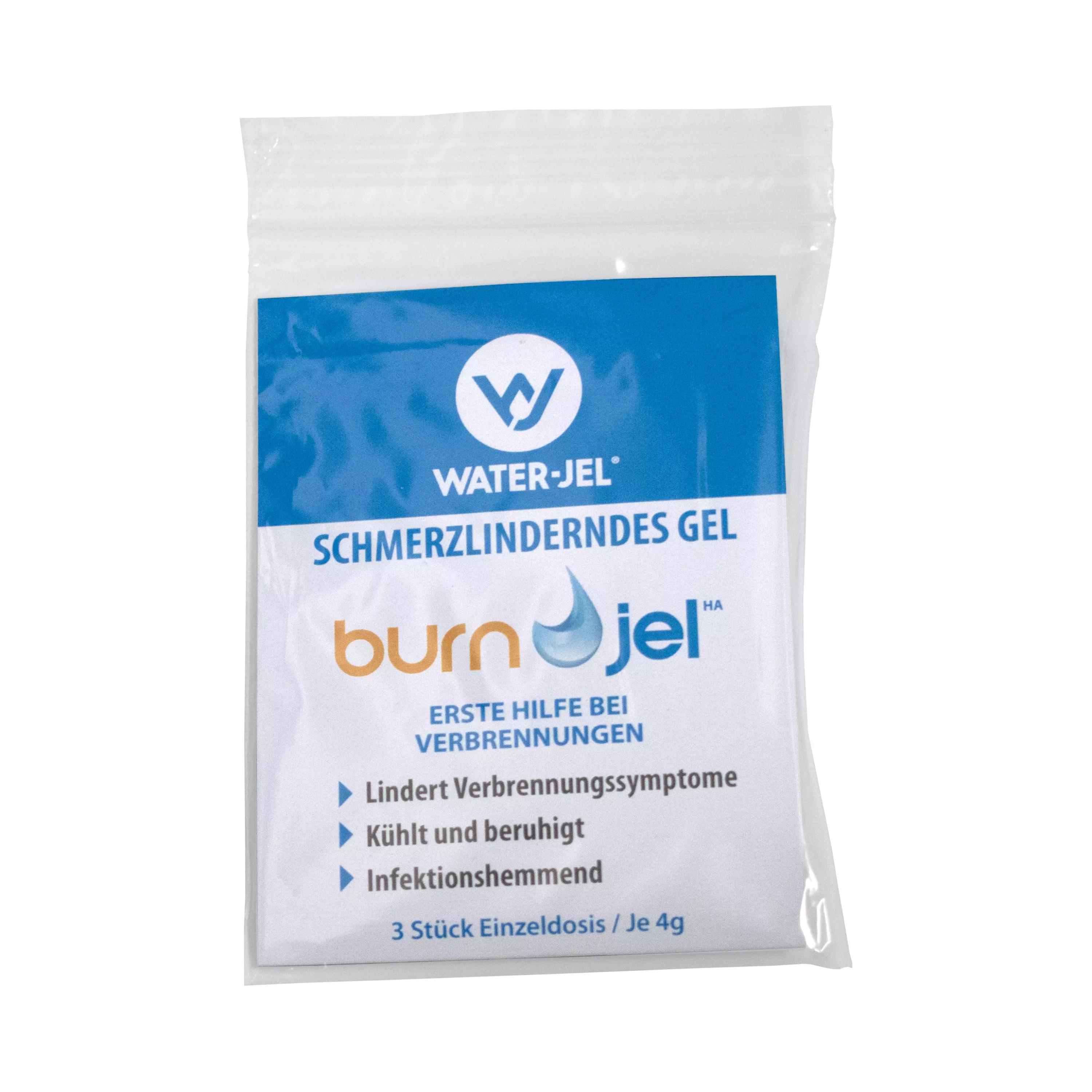 Eine weiße, leicht geknäuelte Tüte mit blauem Etikett zeigt Burn Jel - kühlendes Gel bei Verbrennungen, einzeln portioniert in drei 4g-Beuteln.