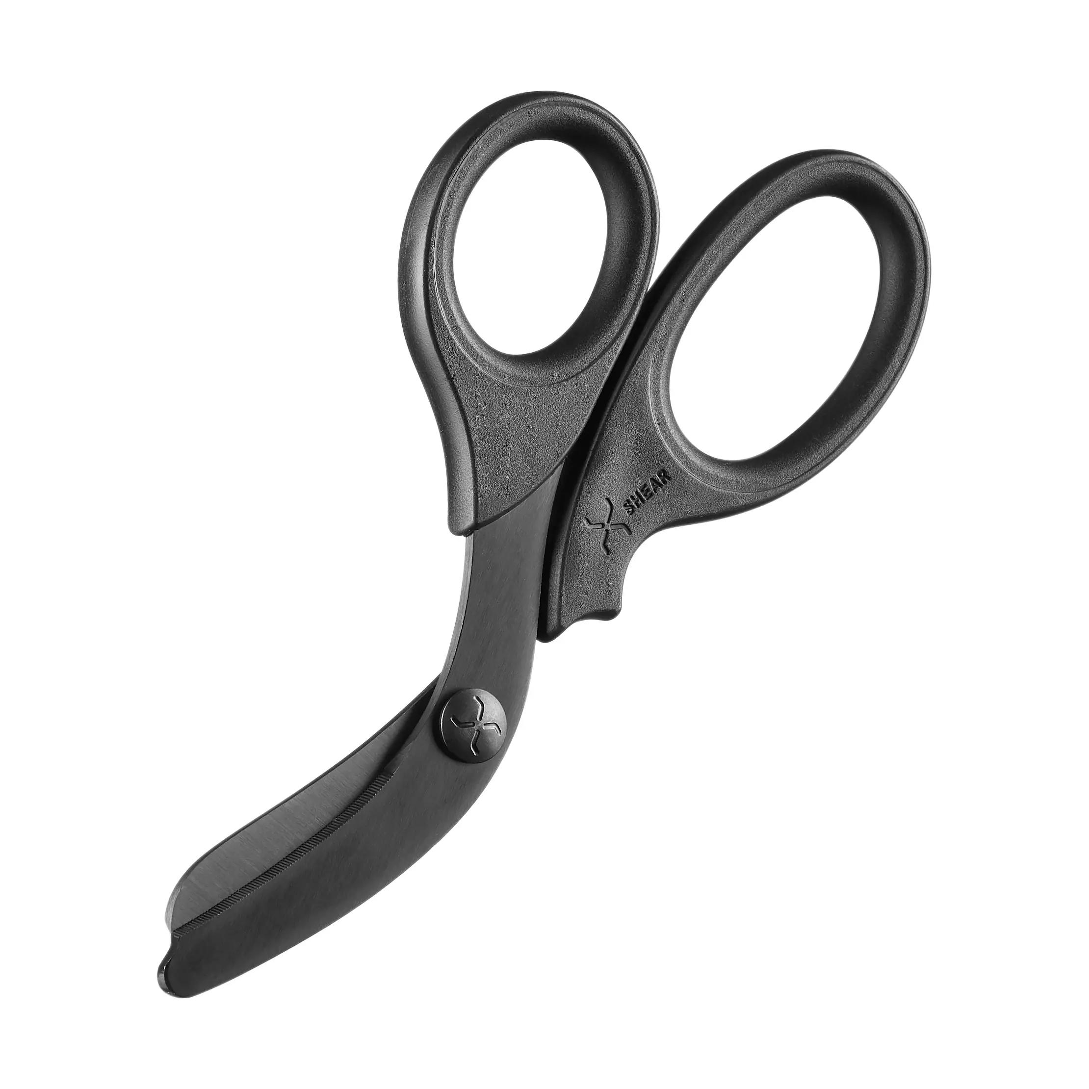 Traumaschere XSHEAR® - Schwarz mit gebogenen, gehärteten Edelstahlklingen, schwarzer Titanium-Beschichtung und patentierter, stumpfer Spitze