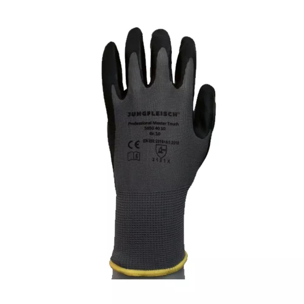 Eine schwarze Hand trägt den Montagehandschuh Professional Master Touch mit grauer Handfläche, gelbem Bündchen und rutschfester Nitrilbeschichtung.