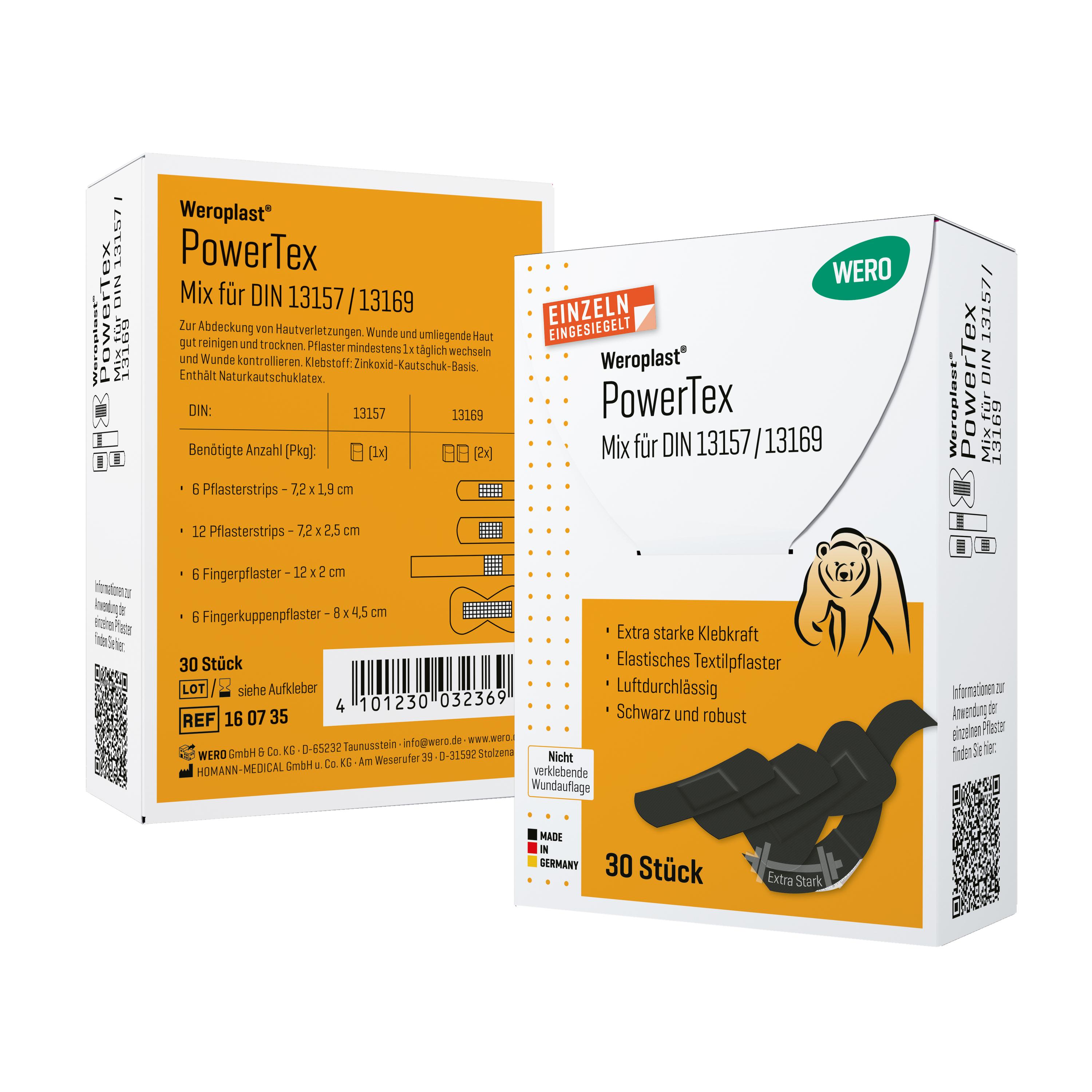 Zwei Packungen Weroplast® PowerTex Pflaster - Mix DIN 13169 mit extra starker Klebkraft, schwarzem, textilem Gewebe und elastischer Beschaffenheit.