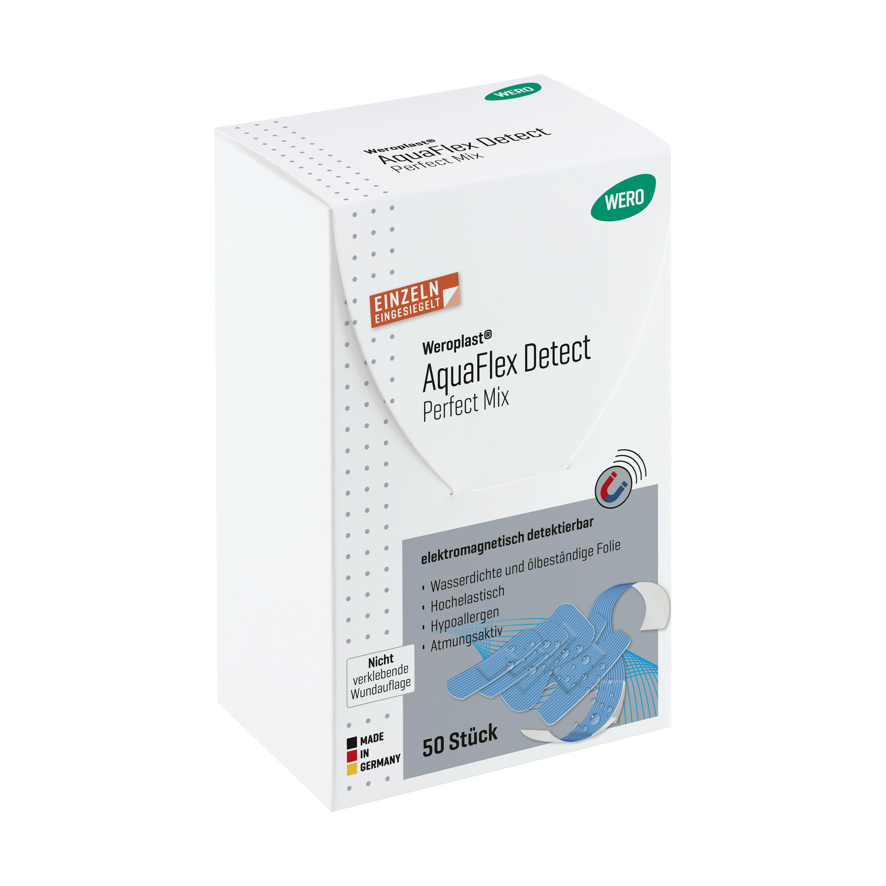 Weiße Verpackung des Pflasterset Weroplast® AquaFlex Detect - Perfect Mix mit Hinweis auf elektromagnetische Detektierbarkeit, Aluminiumstreifen und blauer, wasserdichter Folie.