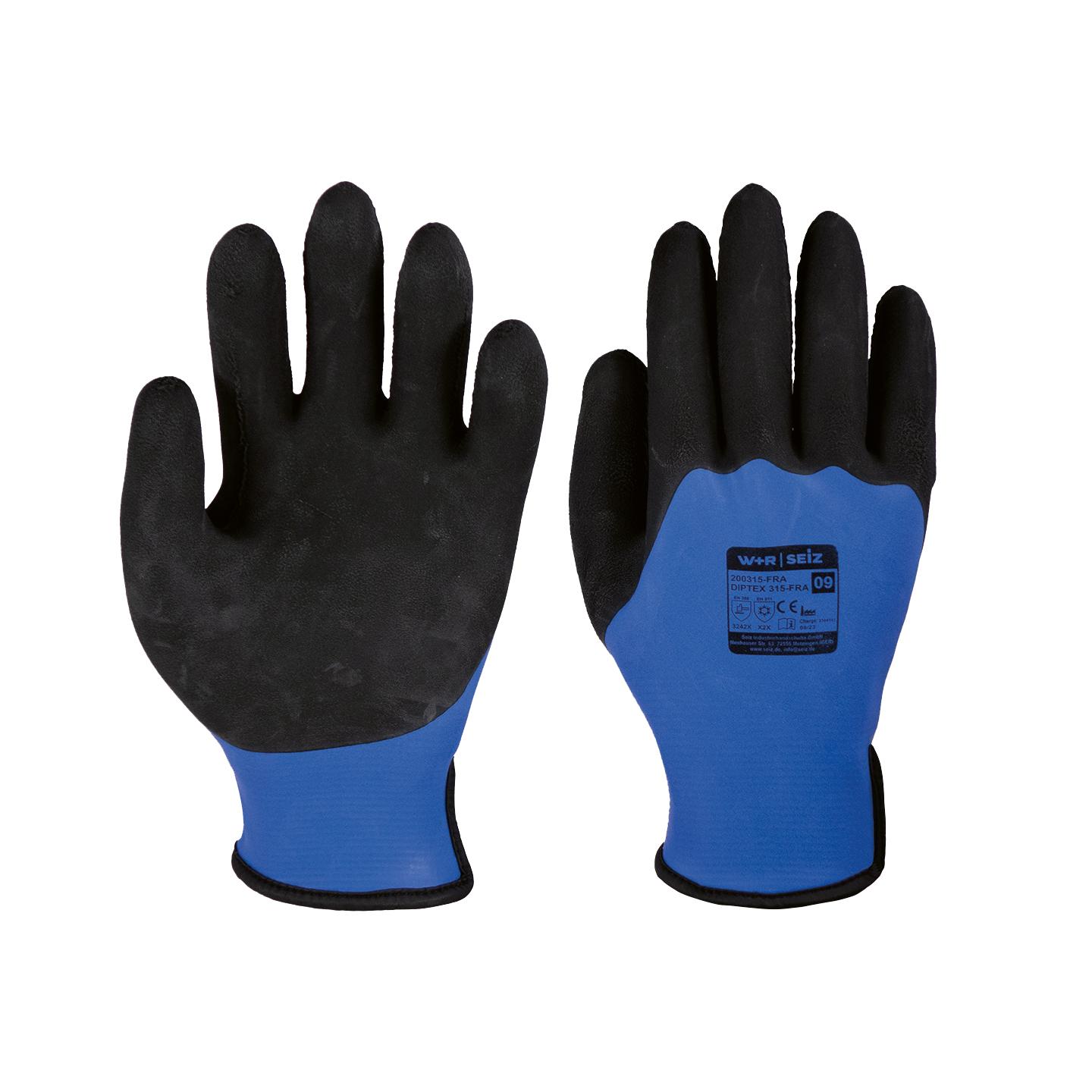 Ein Paar Kälteschutzhandschuhe Diptex 315 in Blau und Schwarz liegt da, einer Handfläche nach oben.