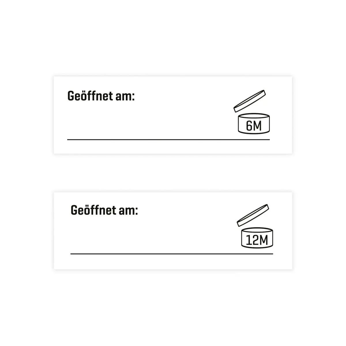 Zwei weiße, rechteckige Sticker: „Sticker: Haltbarkeit Aktivin-Produkte - 6M“ mit Aufschrift „Geöffnet am:“ und Symbol eines geöffneten Tiegels mit „6M“ und „12M“.