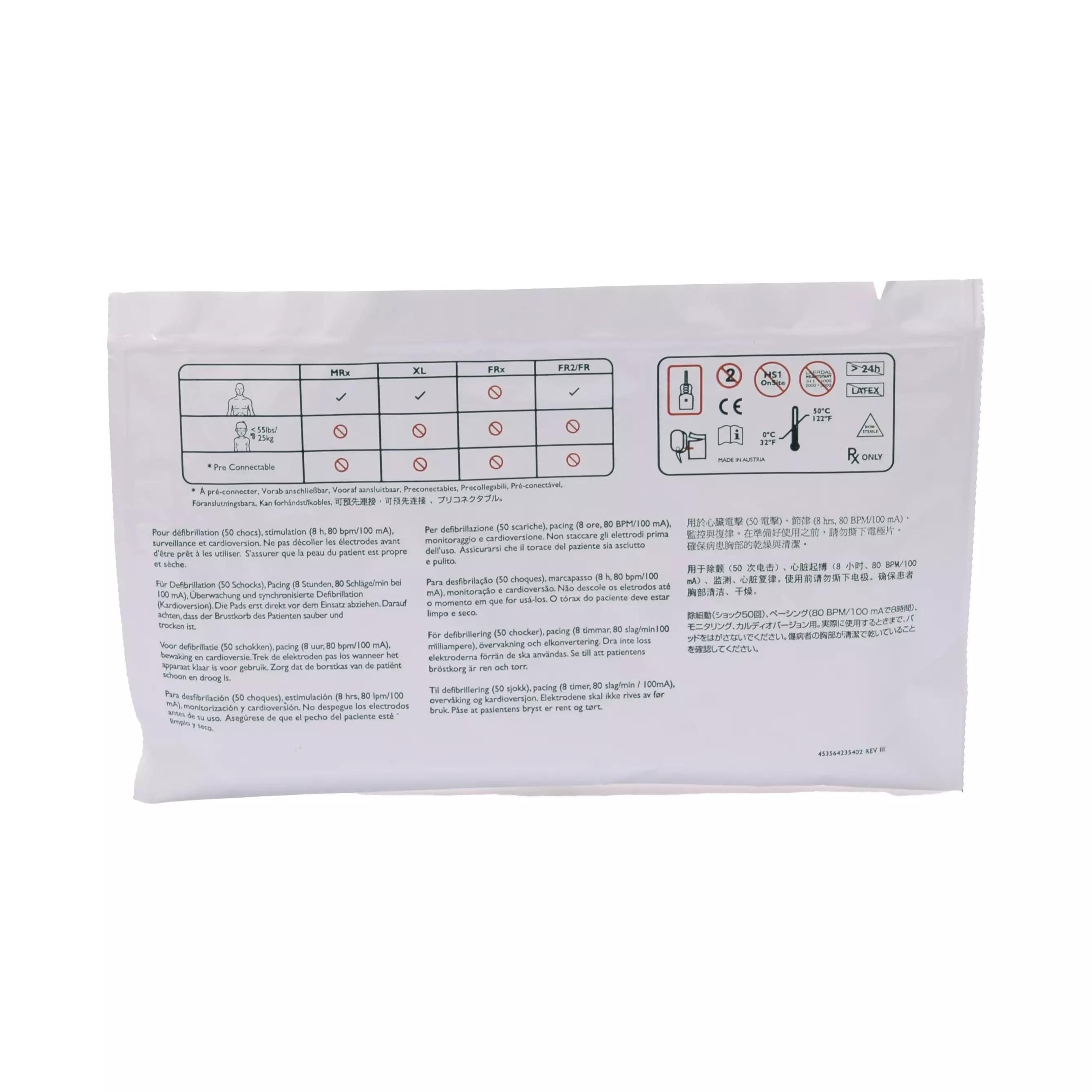 Weiße Verpackung der Defibrillationselektroden für Erwachsene für Philips Heartstart FR2 und FR2+ mit mehrsprachigen Sicherheitshinweisen und Anschlussdiagramm.