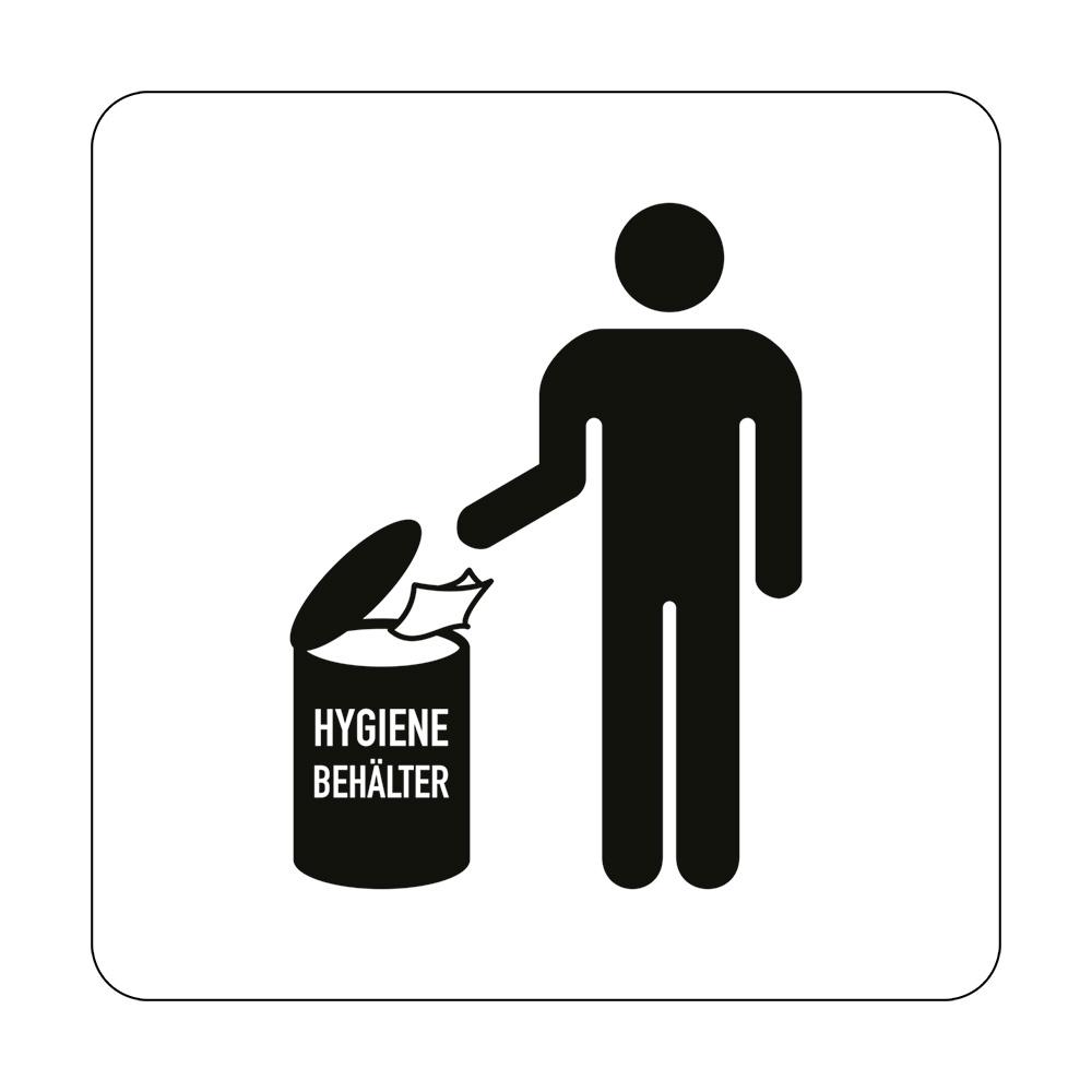 Ein schwarzes Strichmännchen wirft ein zerknülltes Papier in einen weißen Piktogramm Hygienebehälter mit schwarzem Korpus und Aufschrift.