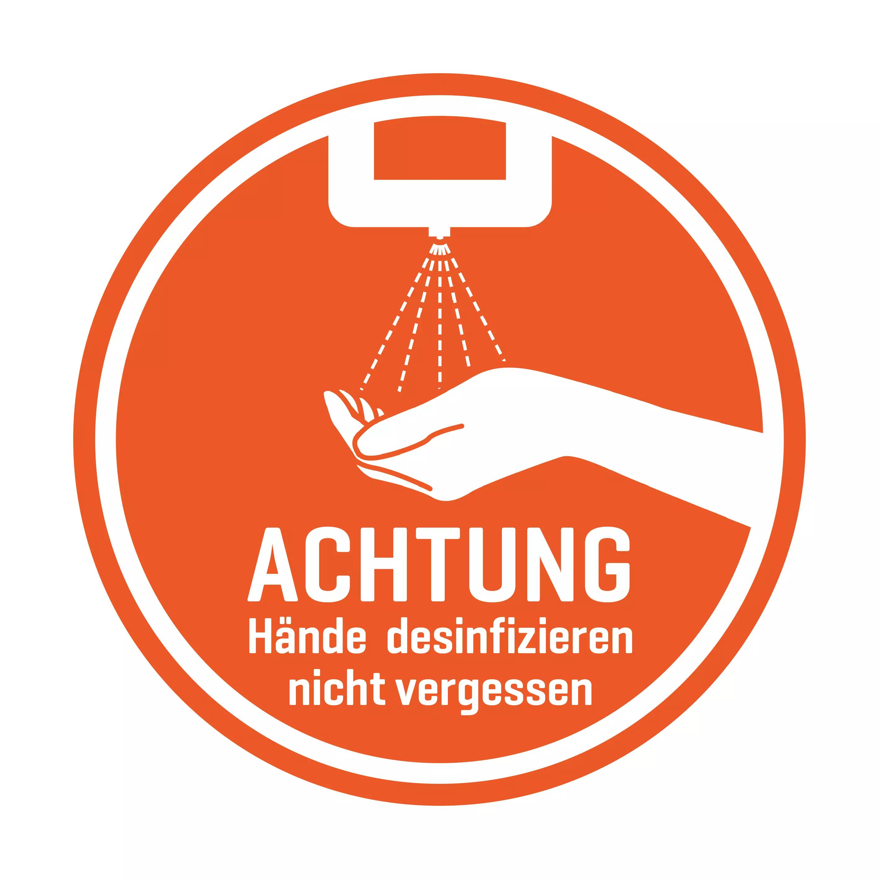 Runder Aufkleber Aufkleber: Achtung Hände desinfizieren nicht vergessen mit orangefarbenem Rand und Symbol einer Hand, die Desinfektionsspray erhält.