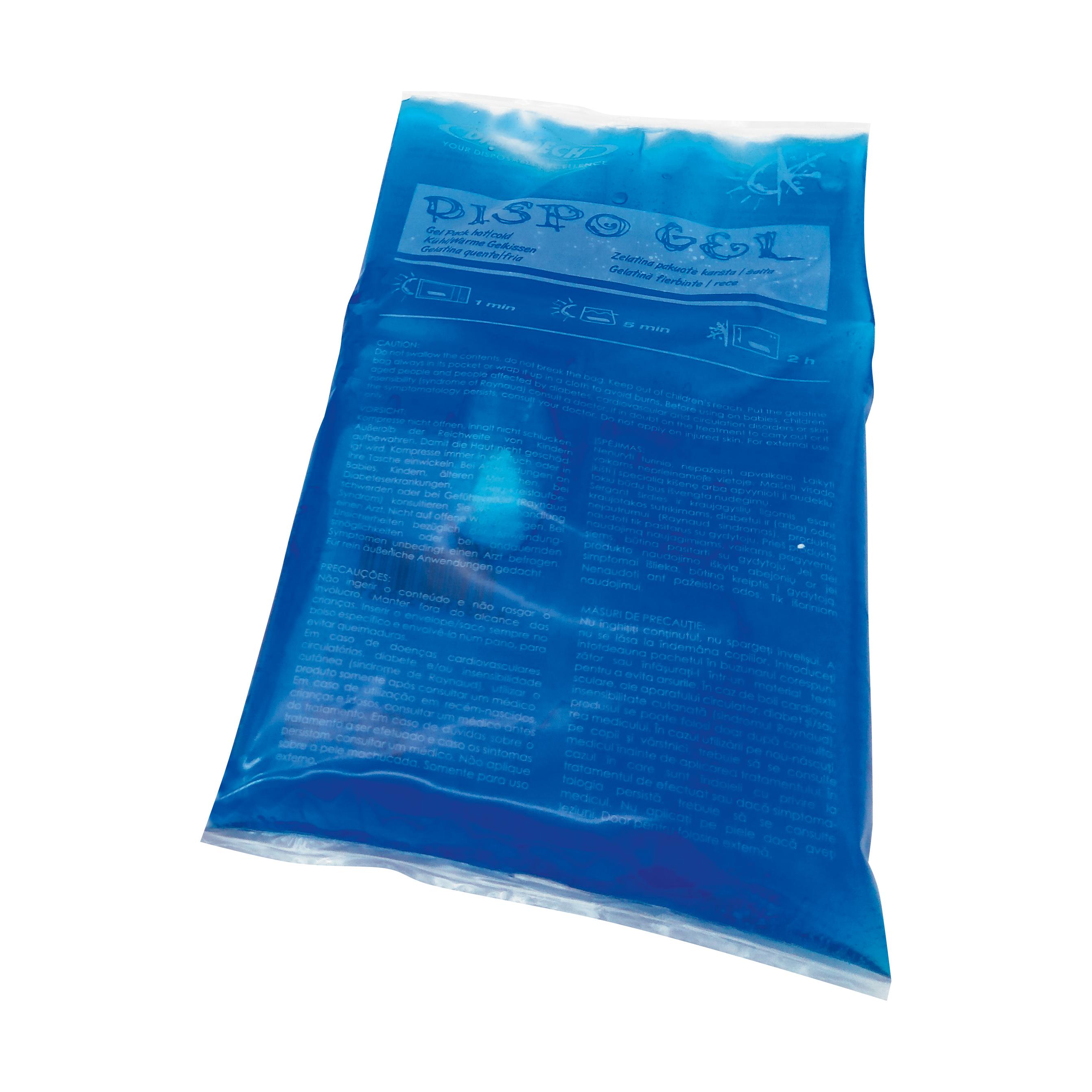 Blaue Dispo Gel-Tasche aus flexiblem Kunststoff mit weißem Etikett und sichtbarem leuchtend blauem Gel im geöffneten Zustand