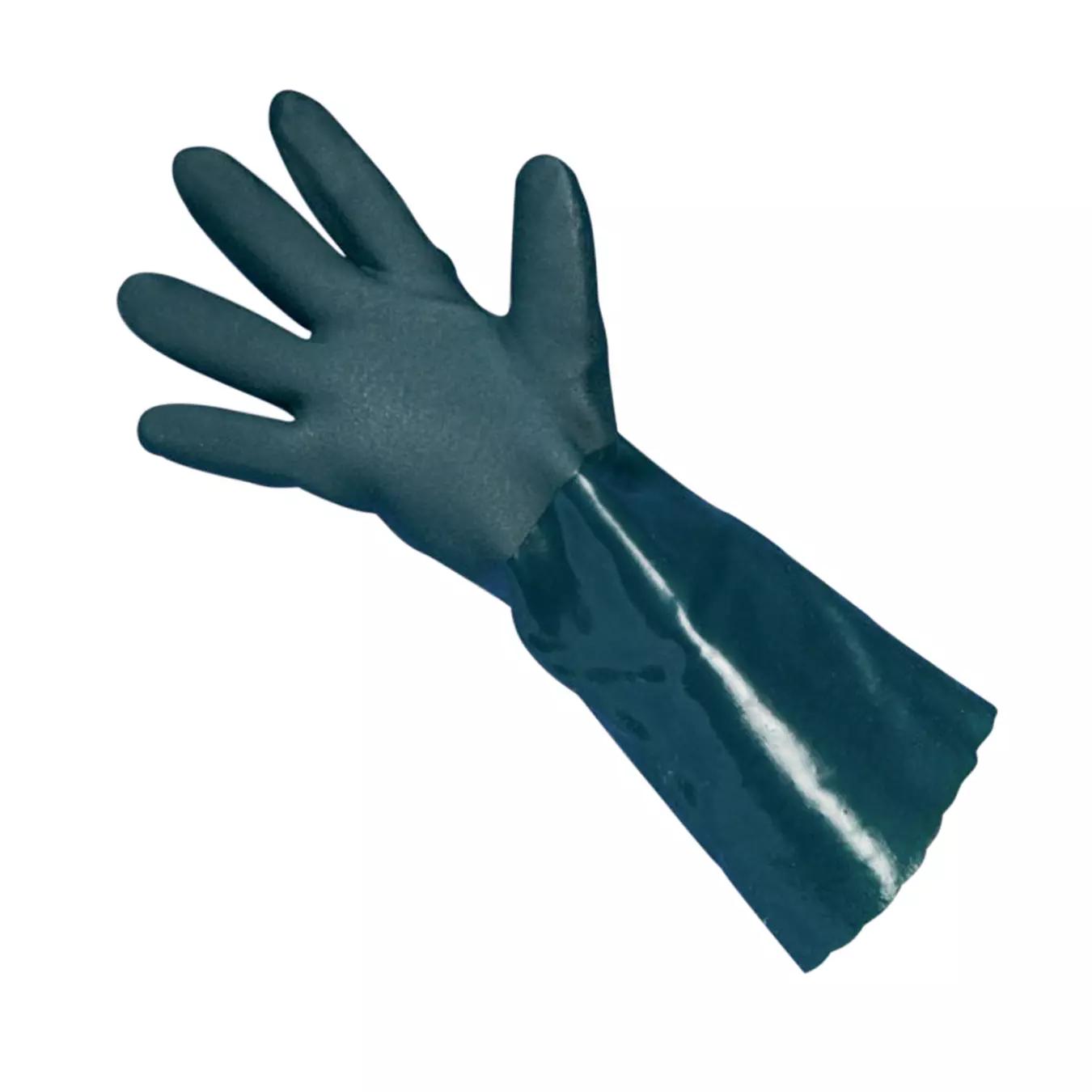 Ein Chemikalienschutzhandschuh Vinyl 40 in Dunkelgrün mit angerauter, glänzender Oberfläche und hellerem Material am Handgelenk, Finger leicht gespreizt.