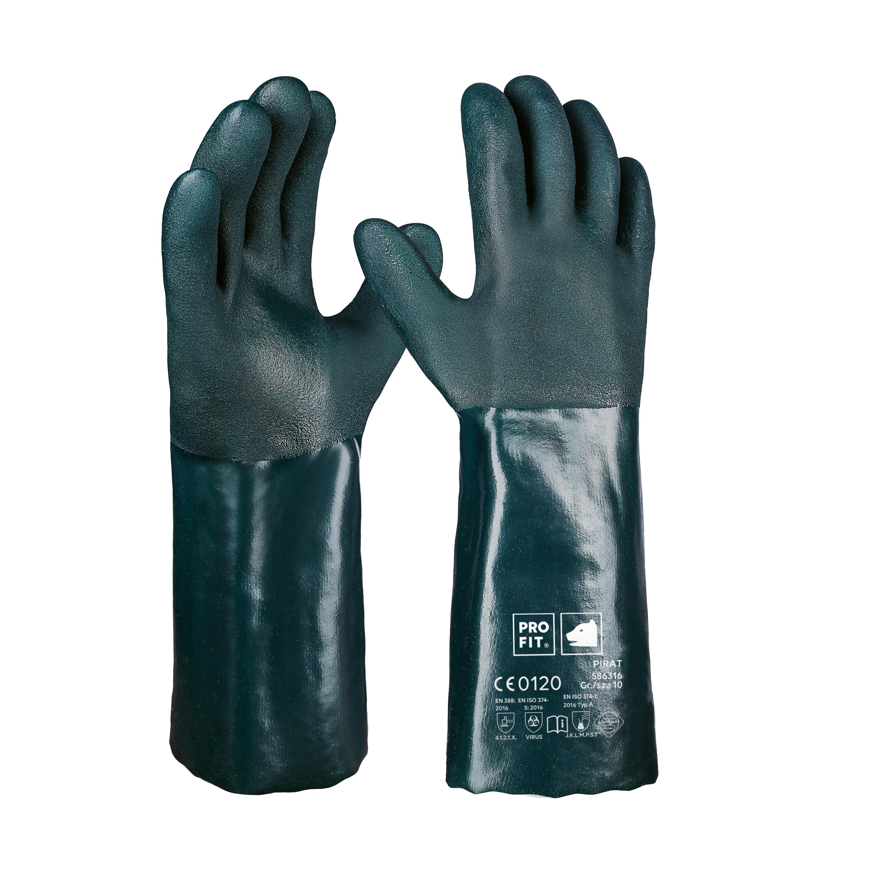 Ein Chemikalienschutzhandschuh Vinyl 40 in Dunkelgrün mit angerauter, glänzender Oberfläche und hellerem Material am Handgelenk, Finger leicht gespreizt.