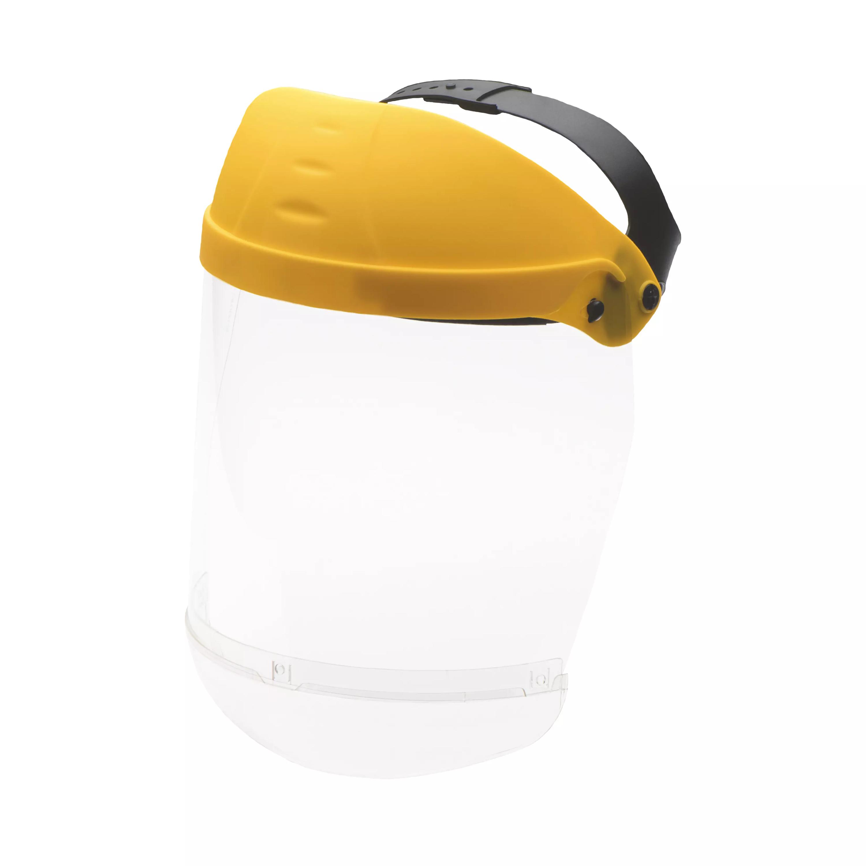 Ein Gesichtsschutzschild Clear Protection mit gelbem Kopfschutz, klarem austauschbarem Polycarbonat-Visier und integriertem Kinnschutz in seitlicher Ansicht.