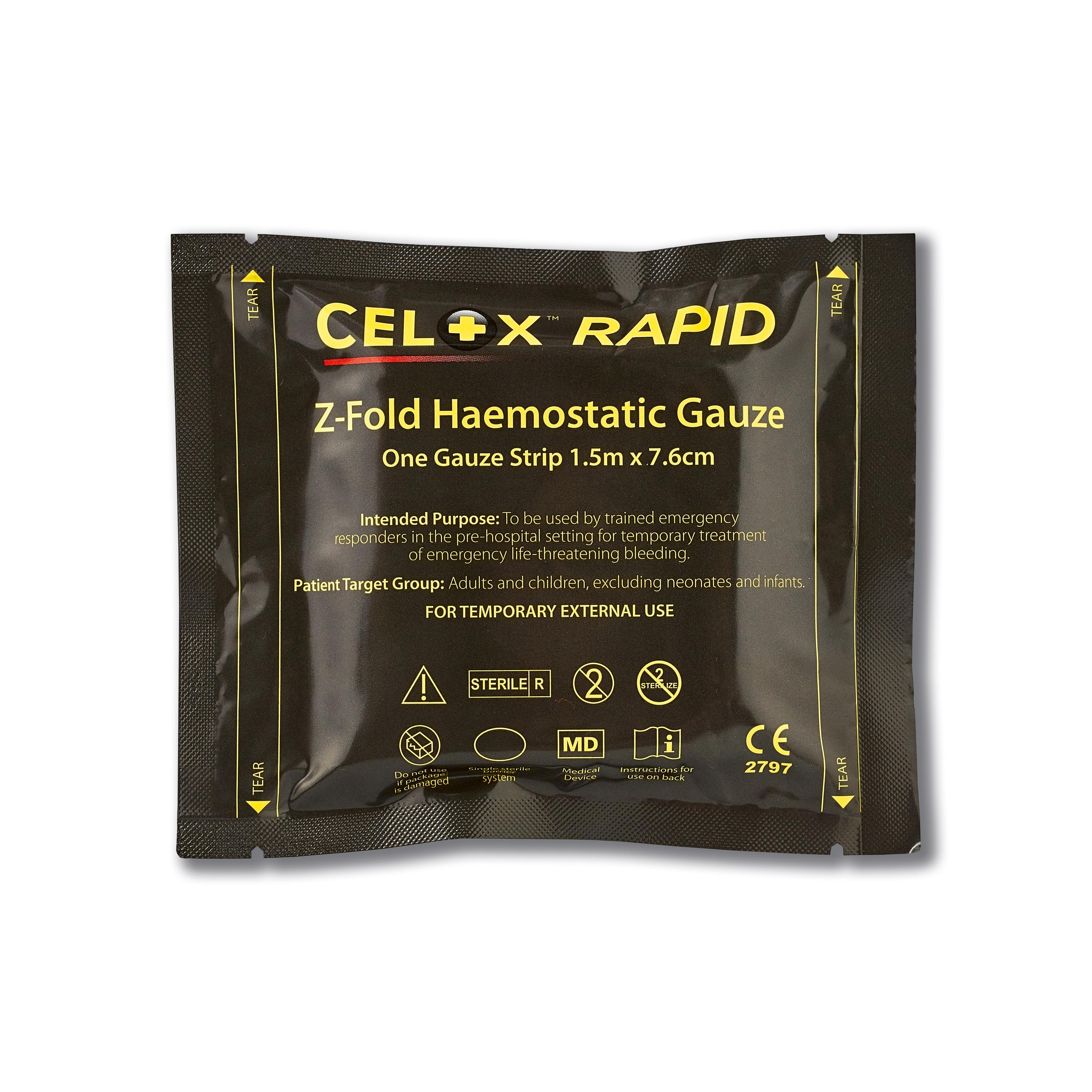 Schwarze Einzelverpackung des Celox™ Rapid – ultraschnelle Blutstillung in nur 60 Sekunden, 1,5 m x 7,6 cm, gelbe Produktdetails und Piktogramme sichtbar.
