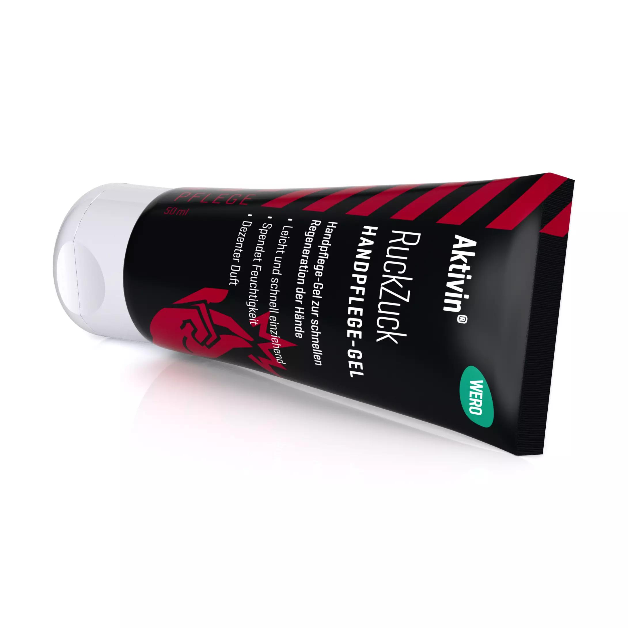 Schwarze Tube Handpflege-Gel Aktivin® RuckZuck mit weißem Klappdeckel, 50 ml, zeigt Rind-Motiv und roten, weißen sowie grünen Labelakzenten.