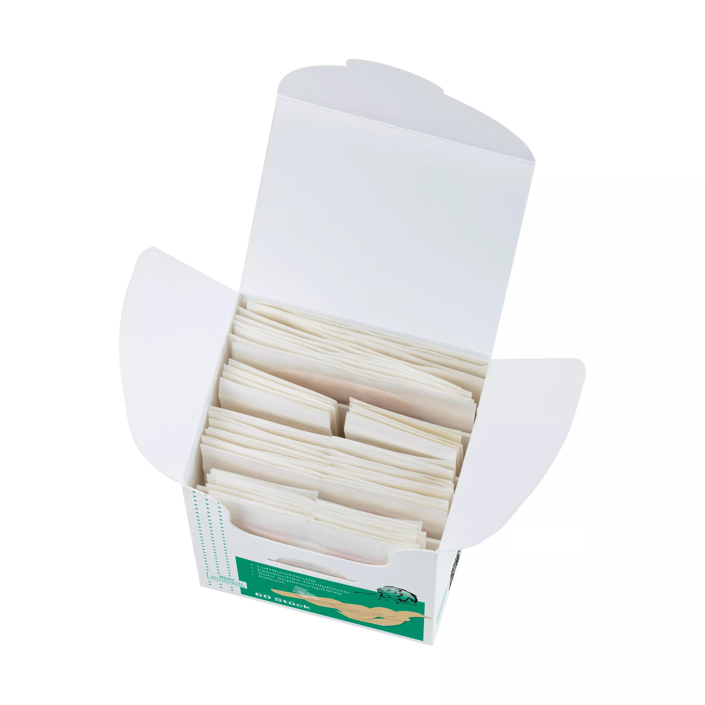 Offene Box Pflasterset Weroplast® MasterTex - Mix DIN 13169 / 14142 mit rechteckigen, einzeln entnehmbaren Pflasterstrips aus flexiblem, textilen Gewebe.