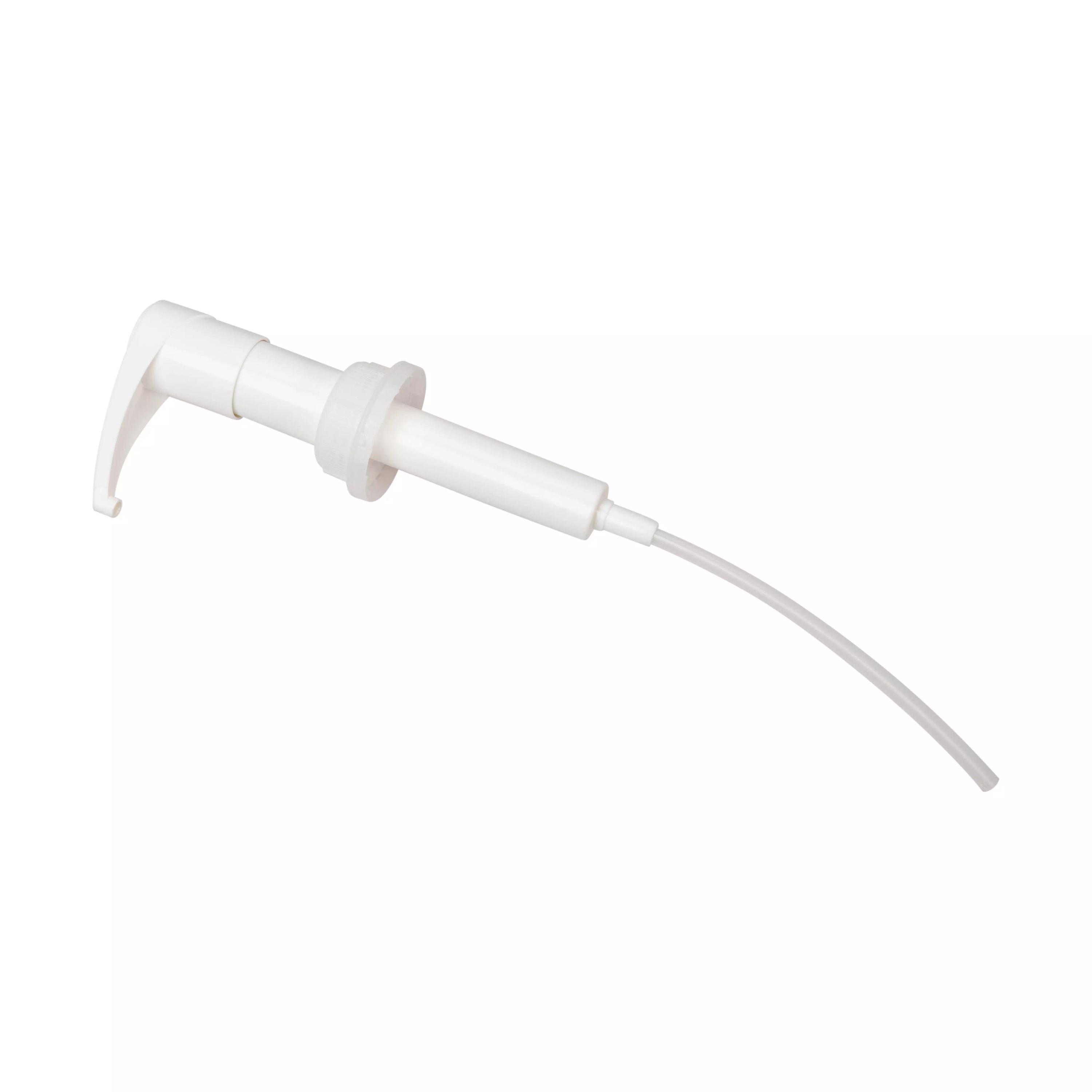 Dosierpumpe für 5 Ltr und 10 Ltr Kanister mit weißem, gebogenem Auslaufrohr und kleinem, seitlichen Flip-Top, geeignet für Flüssigprodukte.