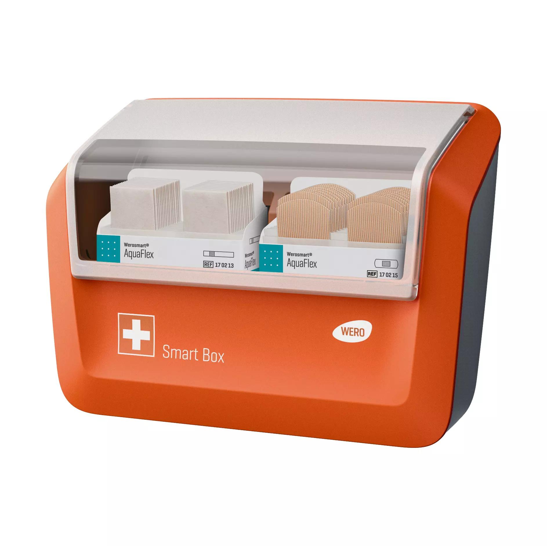Eine WERO Smart Box® Pflasterspender gefüllt mit AquaFlex Pflasterstrips & Fingerpflaster zeigt durch Sichtfenster einzelne, hypoallergene, hochelastische Pflaster.