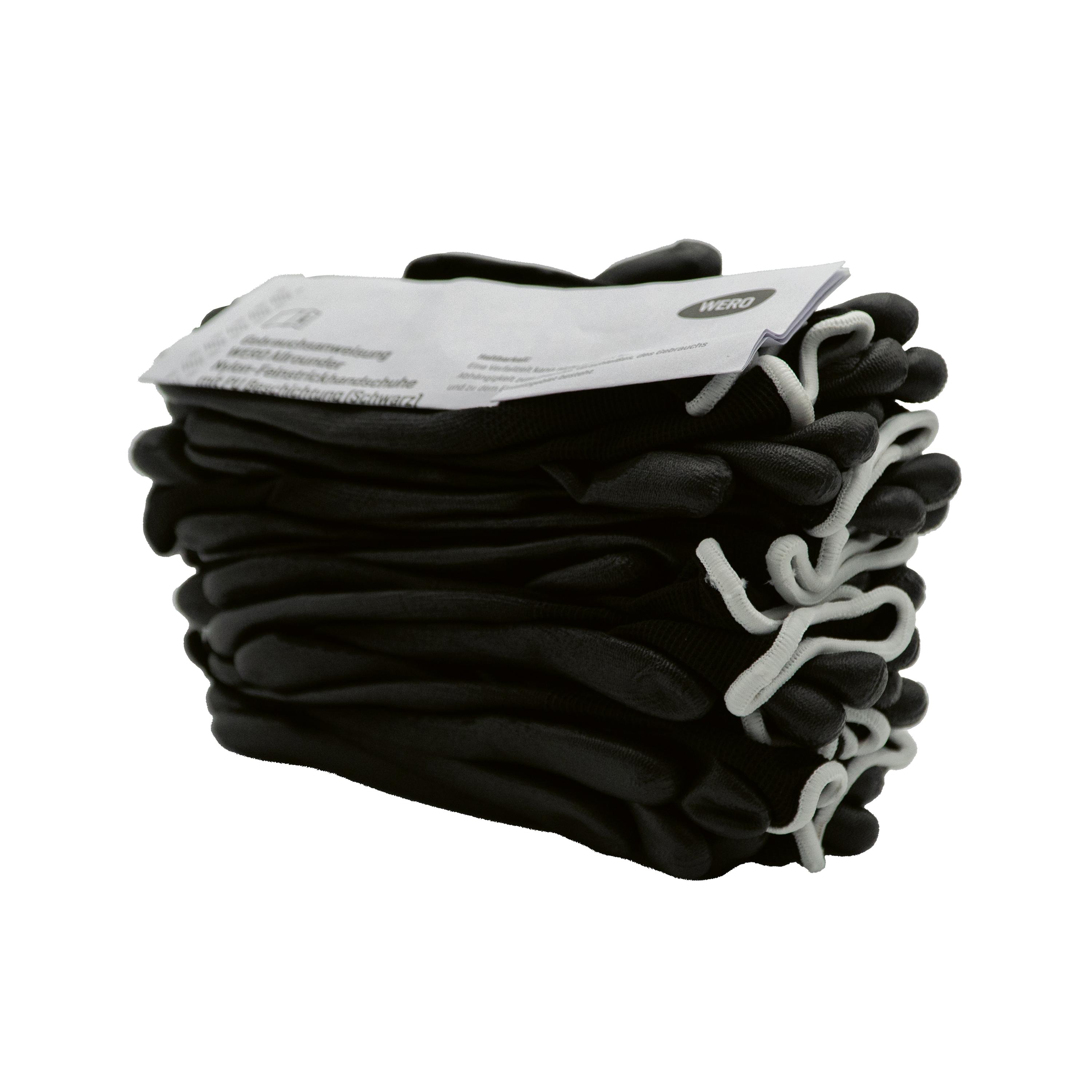 Schwarzer Feinstrickhandschuh WERO Allrounder mit PU-Beschichtung und orangefarbener Schlaufe, flexibel gestapelt, Größe 7, 12 Paar.