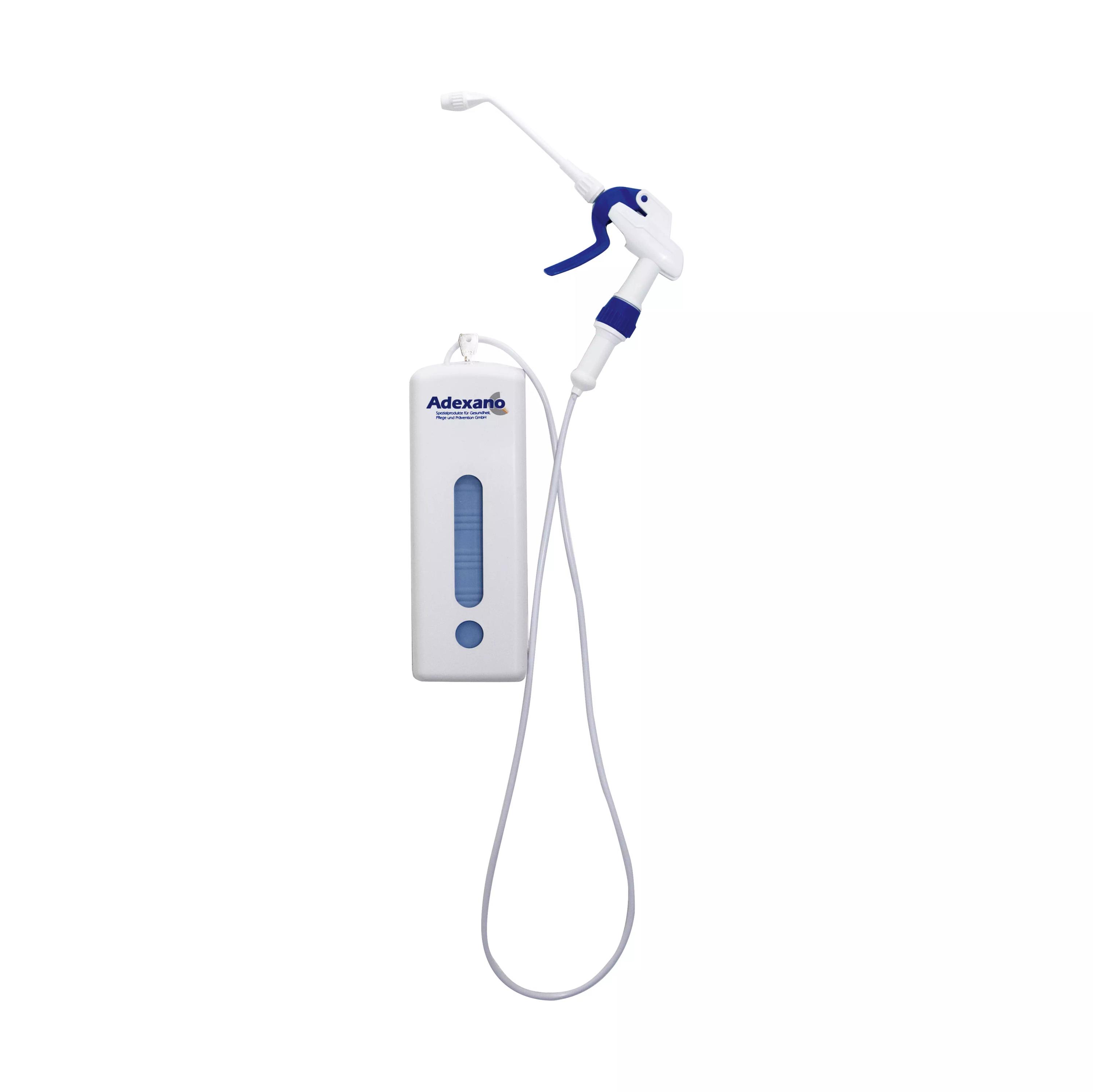 Pedexan® Schuhdesinfektionsmittelspender mit 1,4 m Sprühlanze, weiß-blaues Gerät mit langem Schlauch und blauer Düse zum hygienischen Besprühen von Schuhinnenräumen.